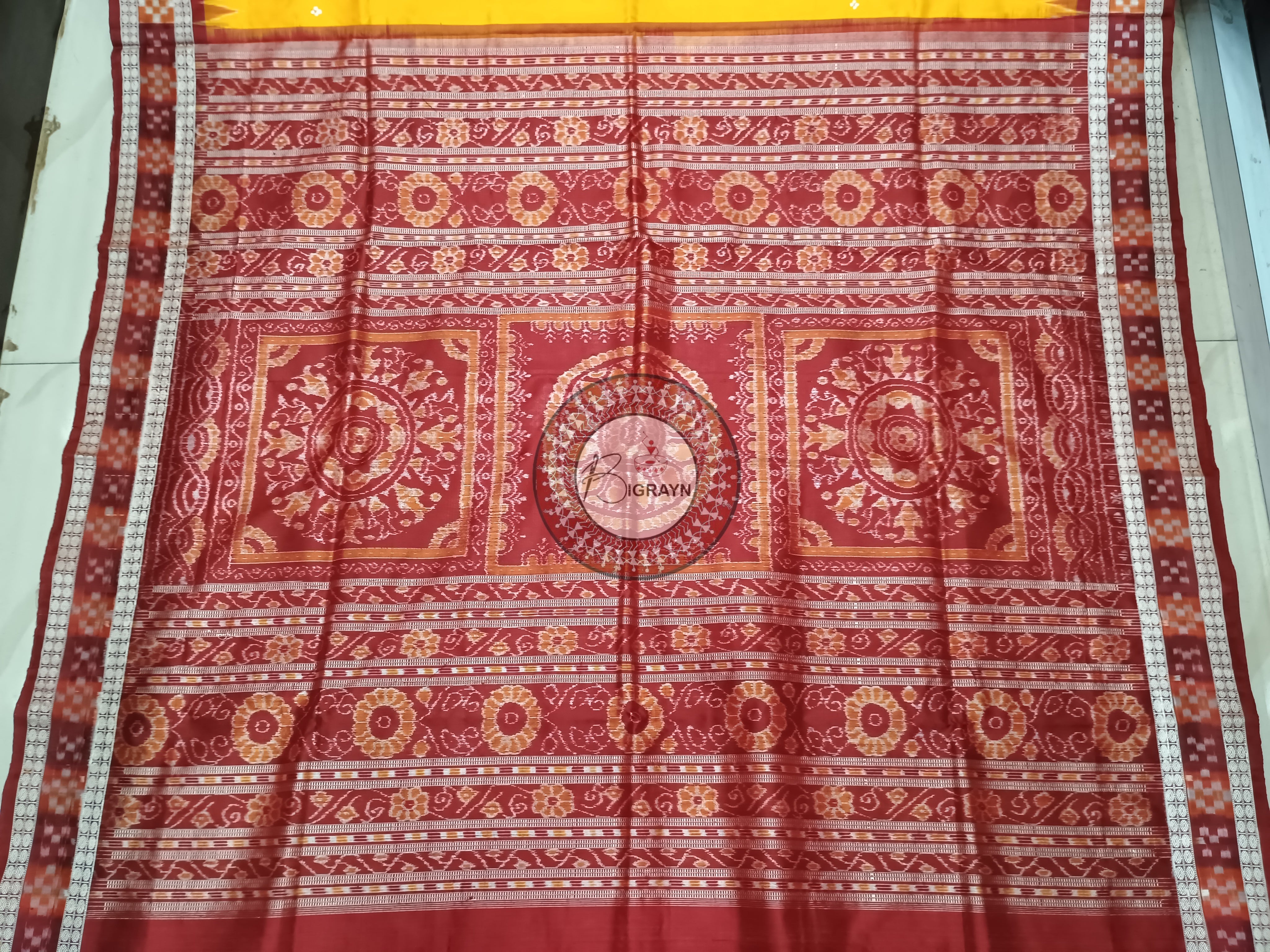 Yellow Maroon Sakta Dolabedi Pattachitra Sambalpuri Silk Saree