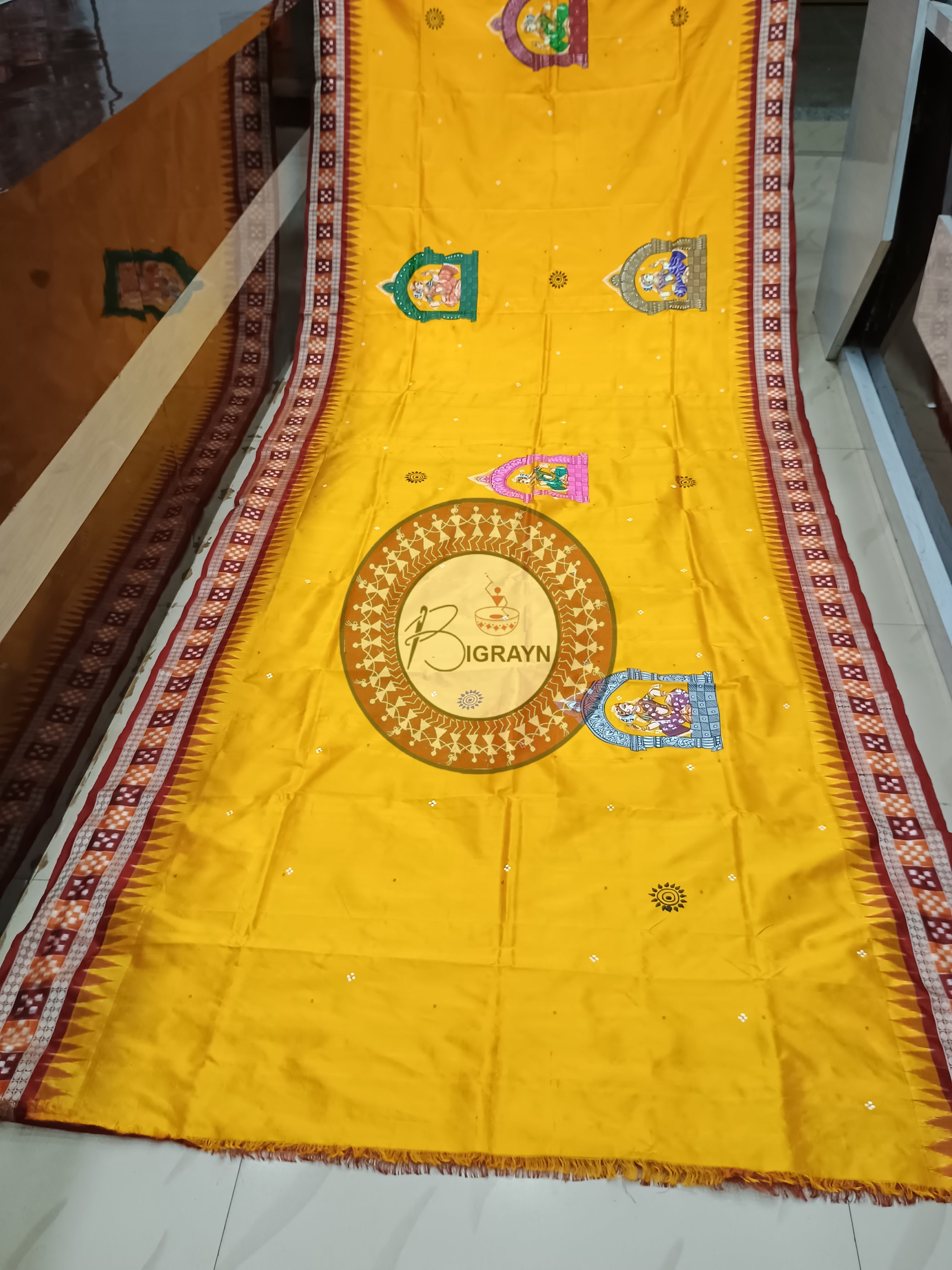 Yellow Maroon Sakta Dolabedi Pattachitra Sambalpuri Silk Saree
