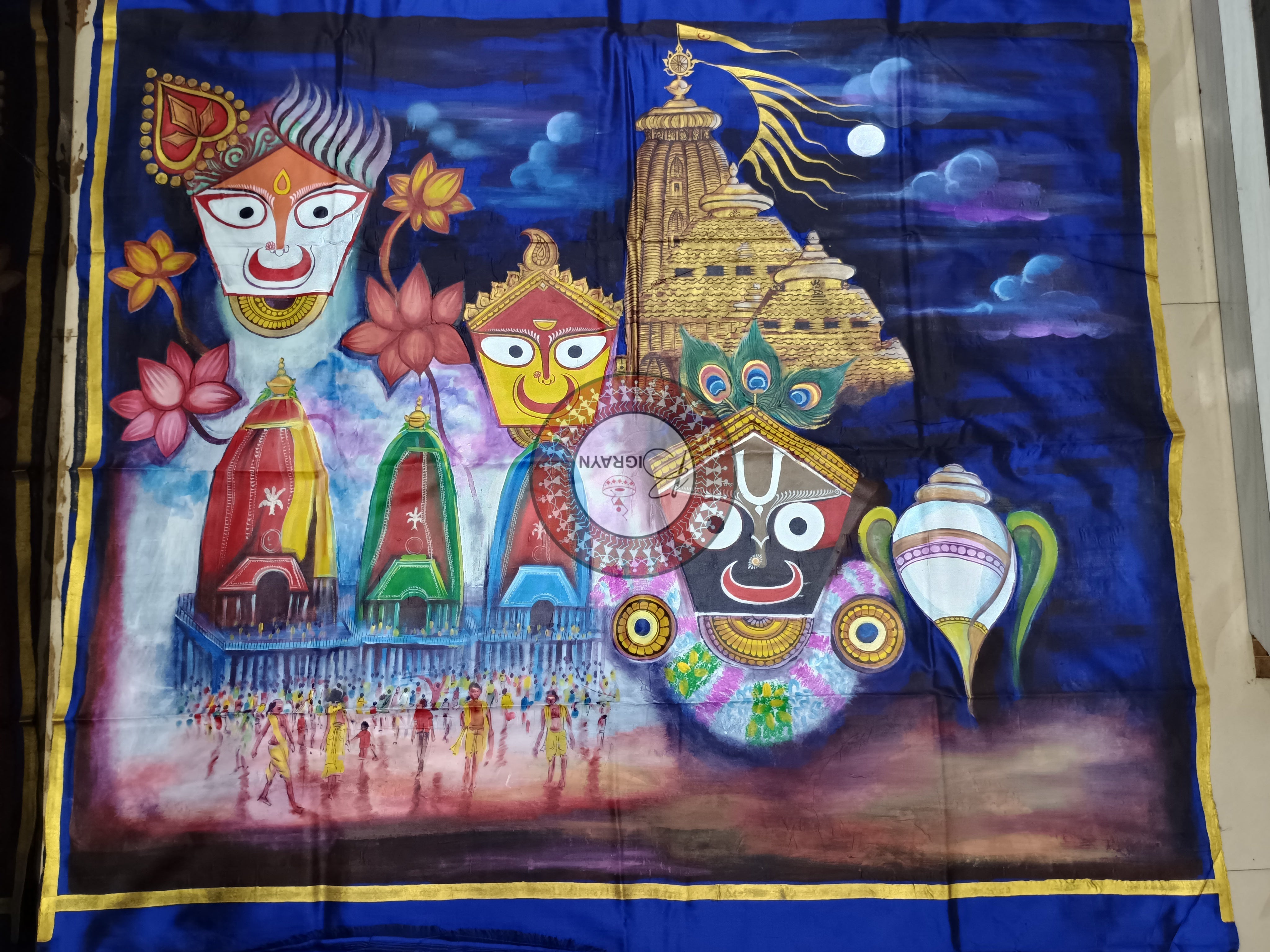 Blue Golden Jagannath Rathyatra Pattachitra Sambalpuri Silk Saree