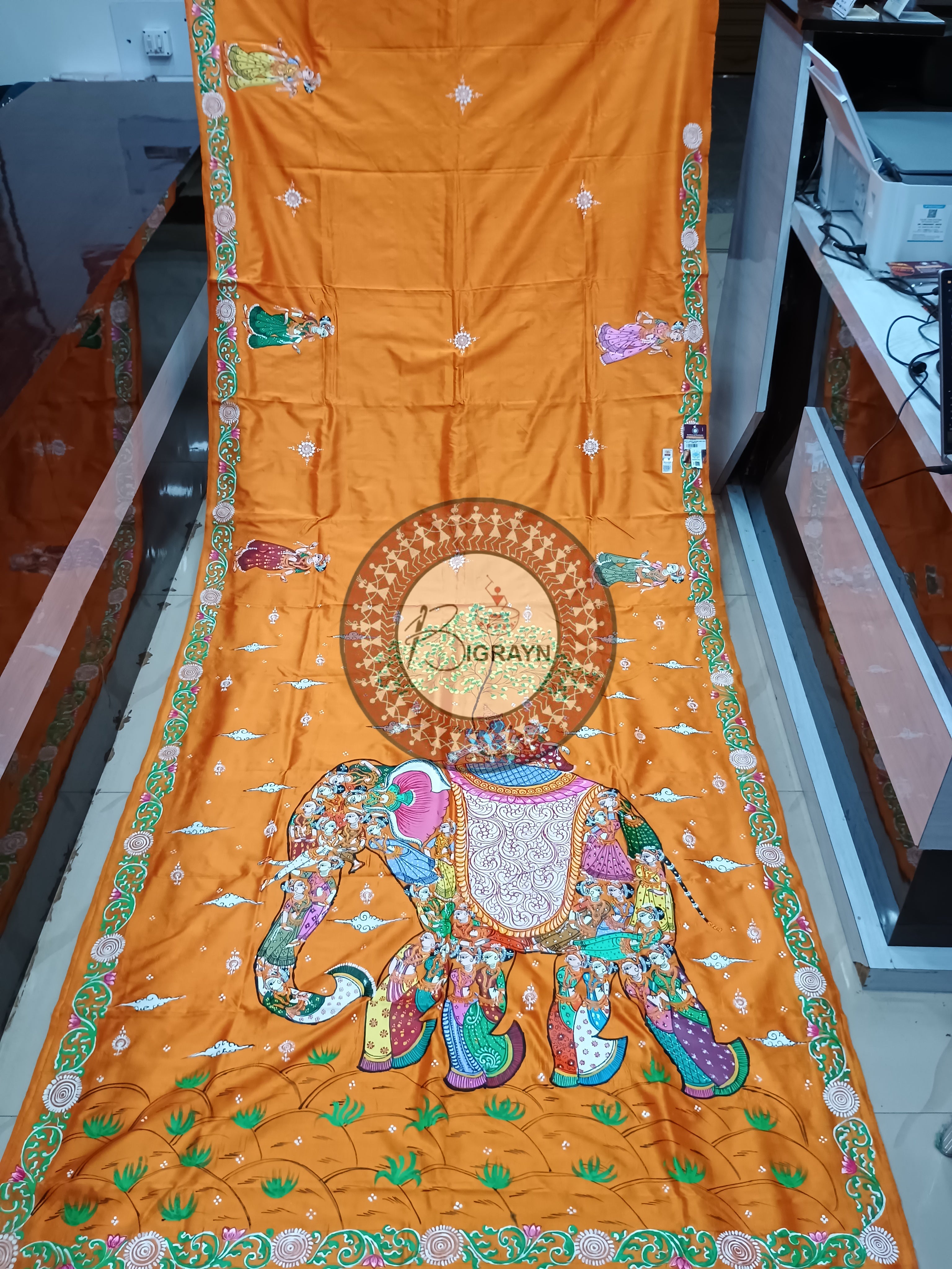 Orange Kandarpa Hasti Pattachitra Sambalpuri Silk Saree