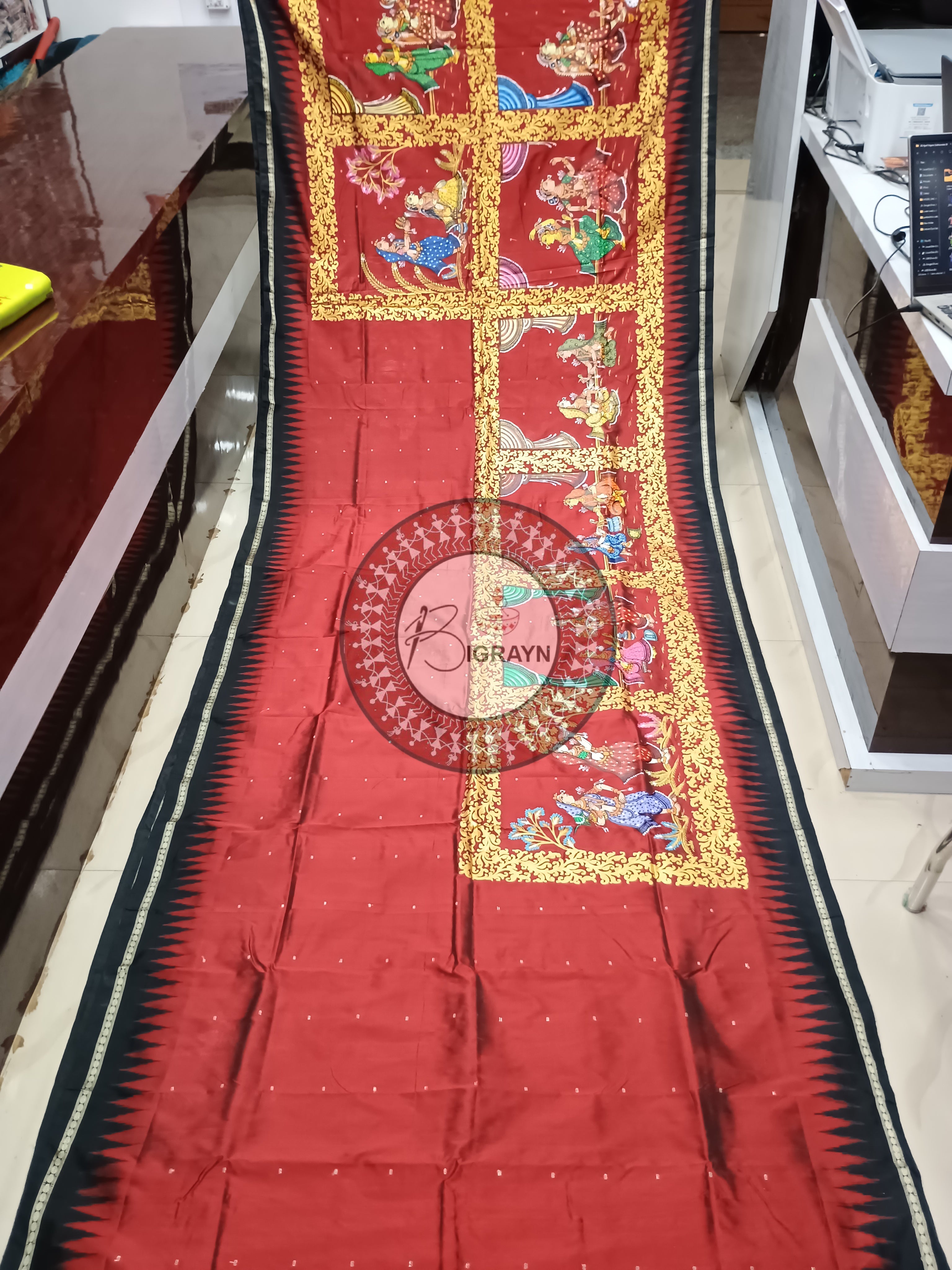Red Black Box Marriage Theme Pattachitra Sambalpuri Silk Saree