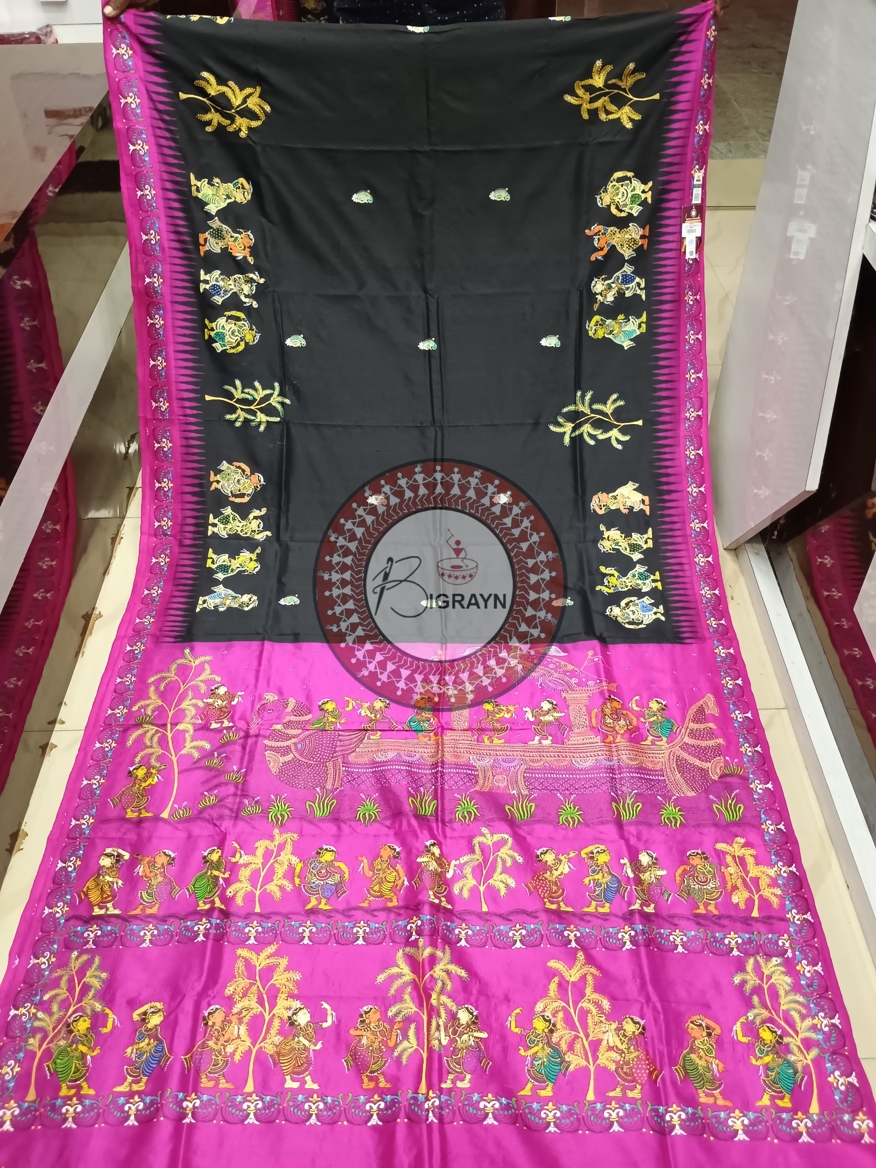 Black Magenta Nabakeli Boita Theme Pattachitra Sambalpuri Silk Saree