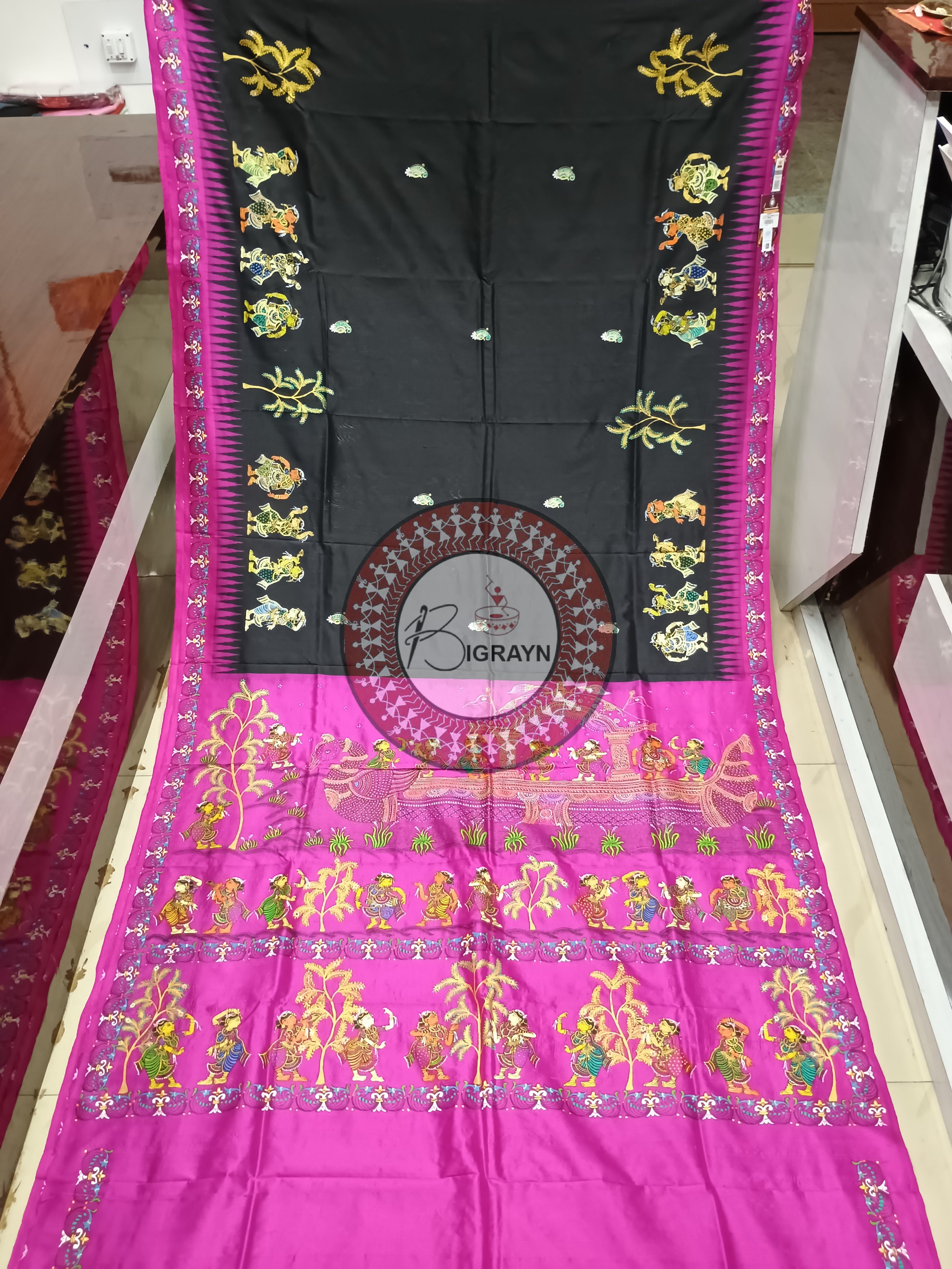 Black Magenta Nabakeli Boita Theme Pattachitra Sambalpuri Silk Saree
