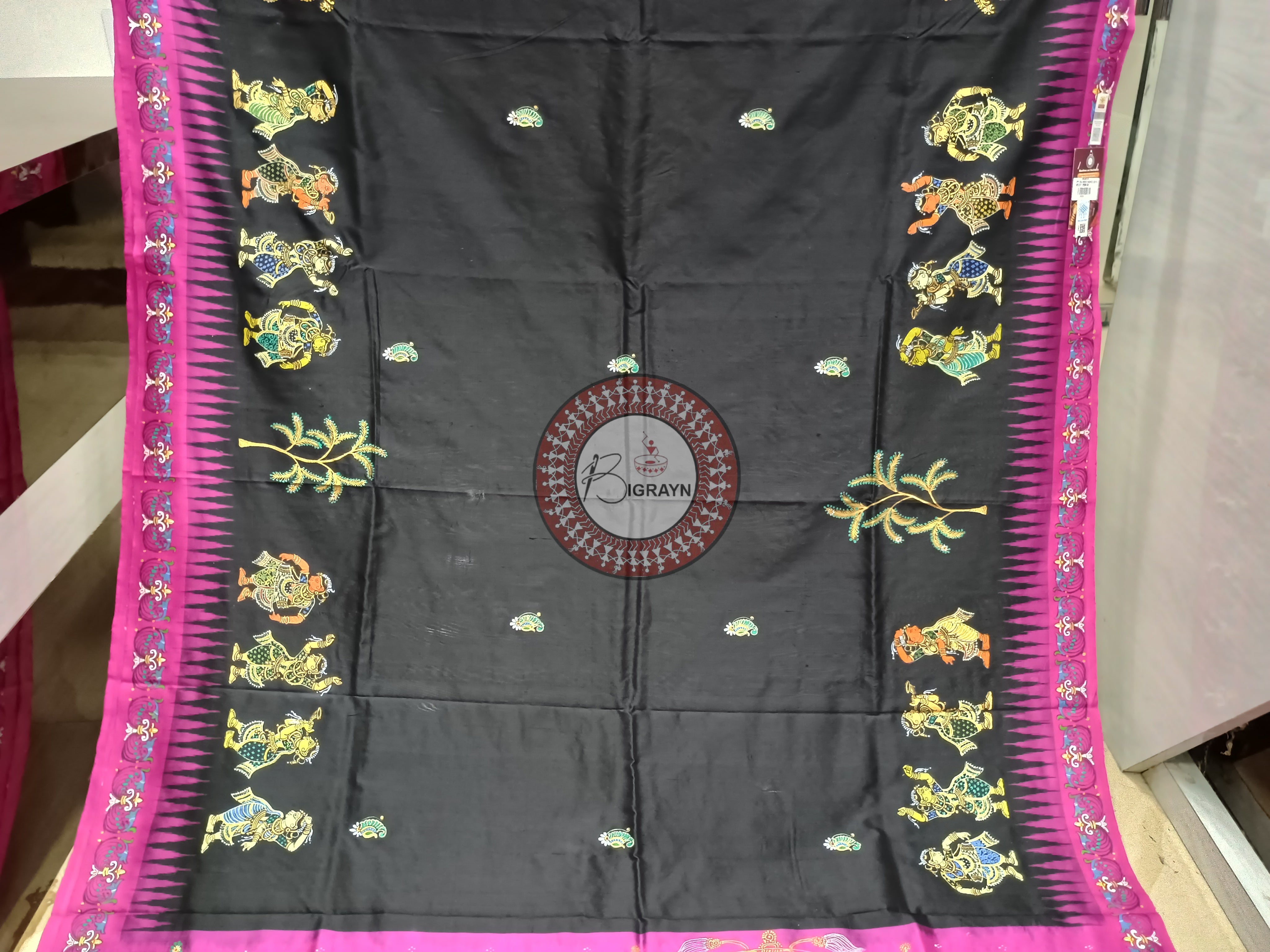 Black Magenta Nabakeli Boita Theme Pattachitra Sambalpuri Silk Saree