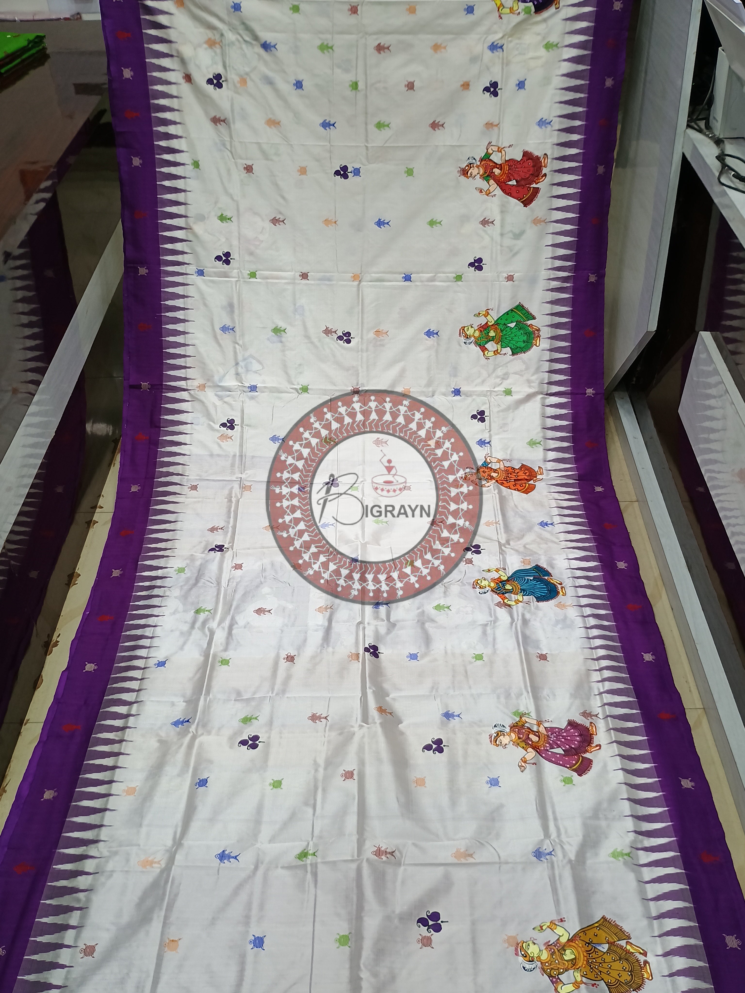 White Purple Mastya Kachhap Theme Pattachitra Sambalpuri Silk Saree