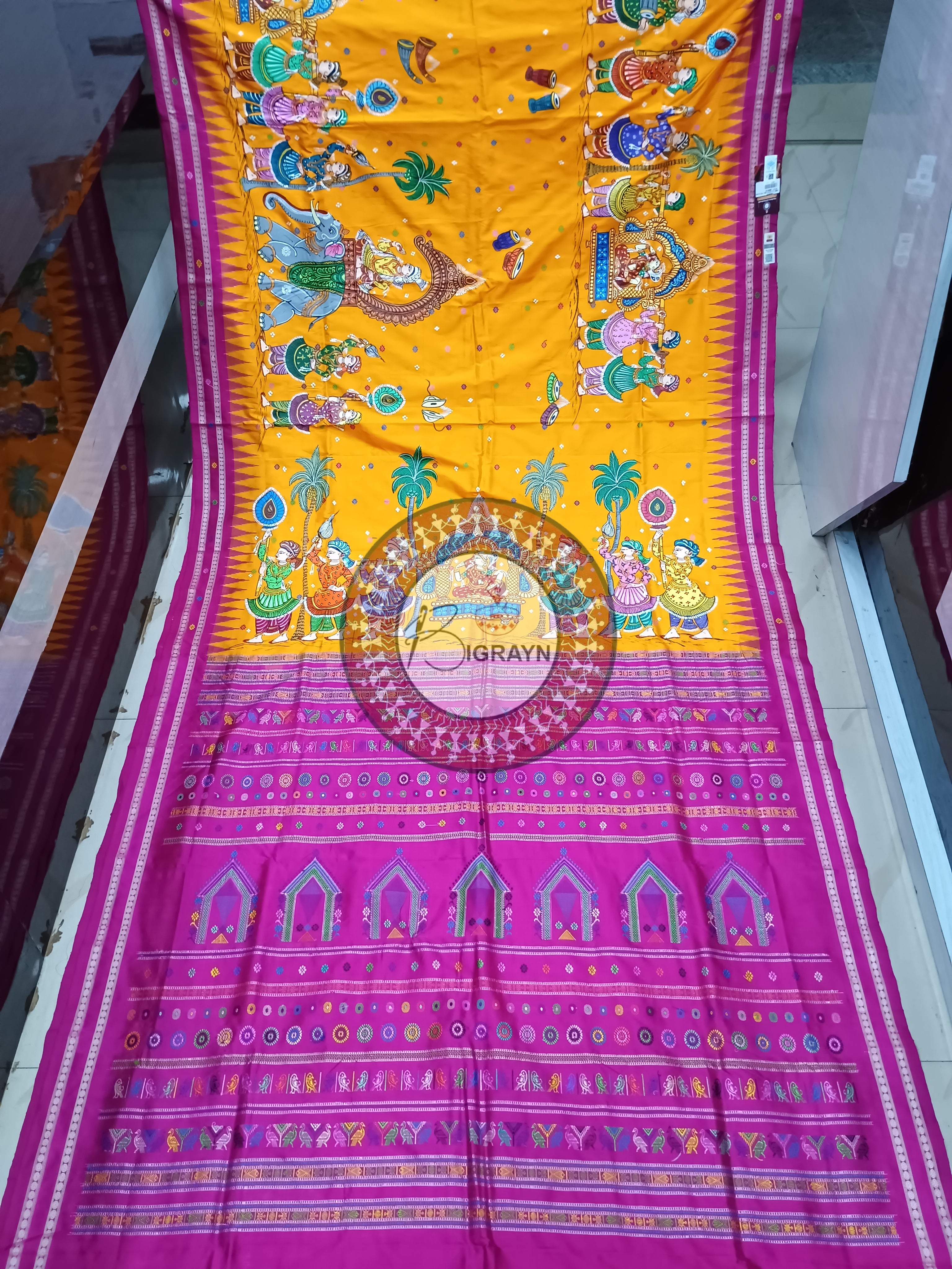 Yellow Magenta Marriage Dolabedi Theme Pattachitra Silk Saree