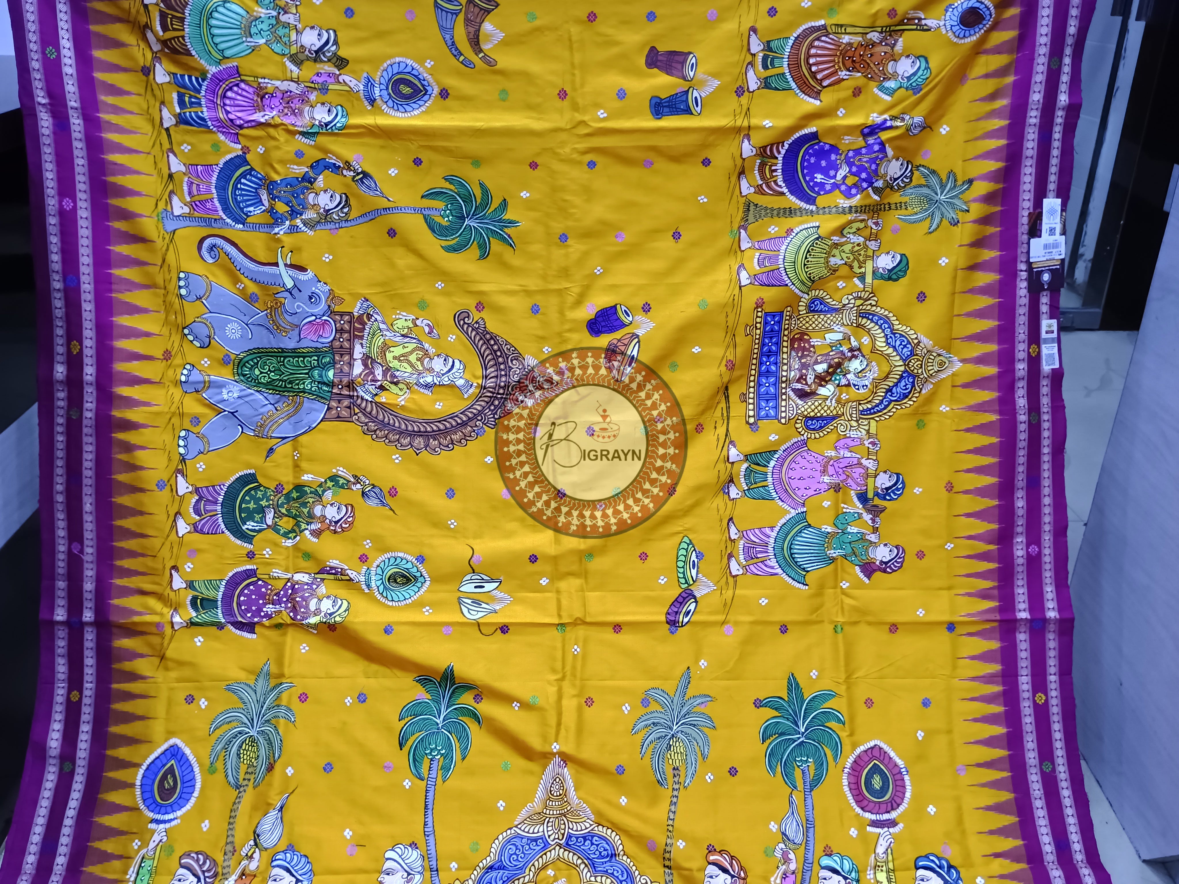 Yellow Magenta Marriage Dolabedi Theme Pattachitra Silk Saree