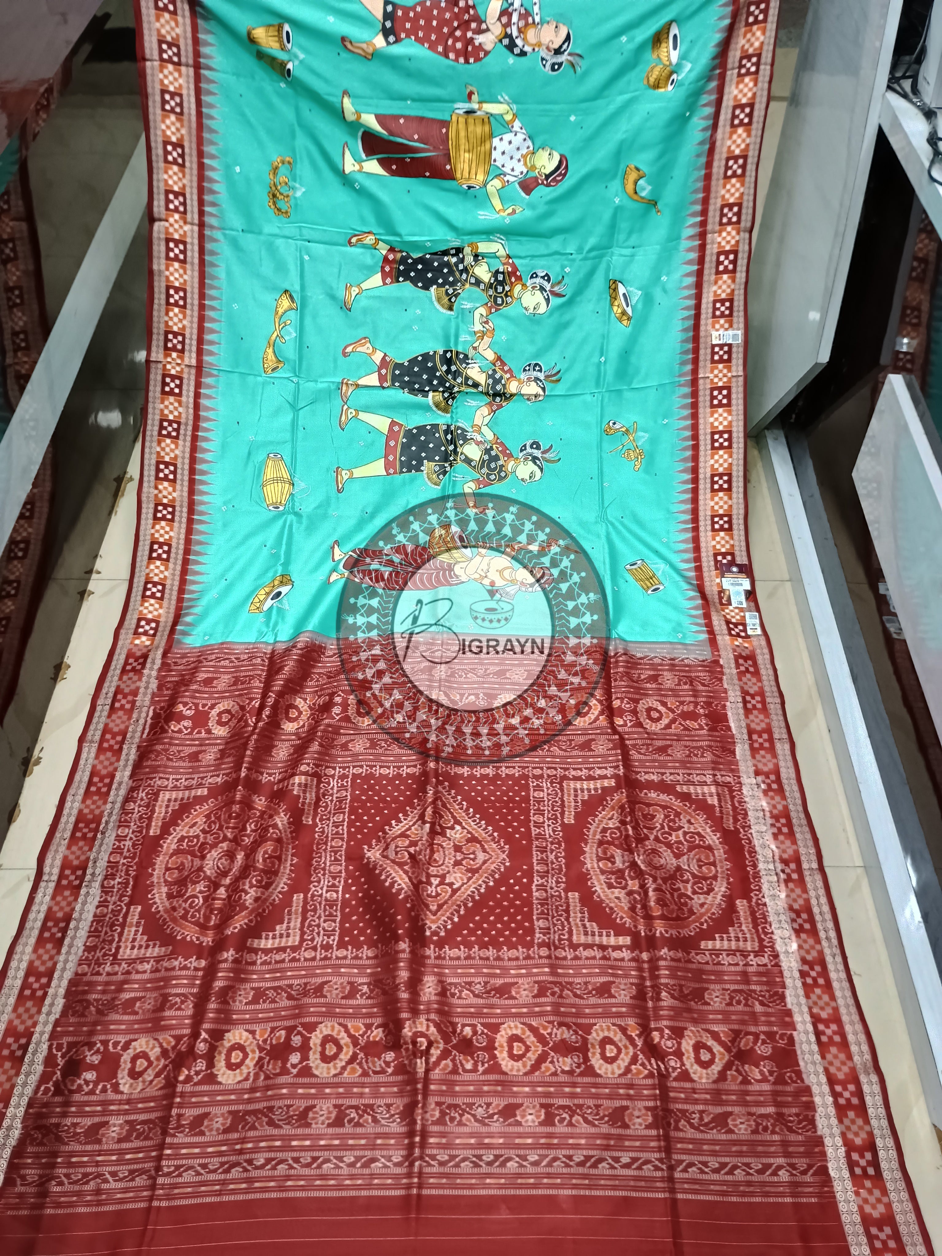 Aqua and Maroon Chau Dance Theme Pattachitra Silk Saree