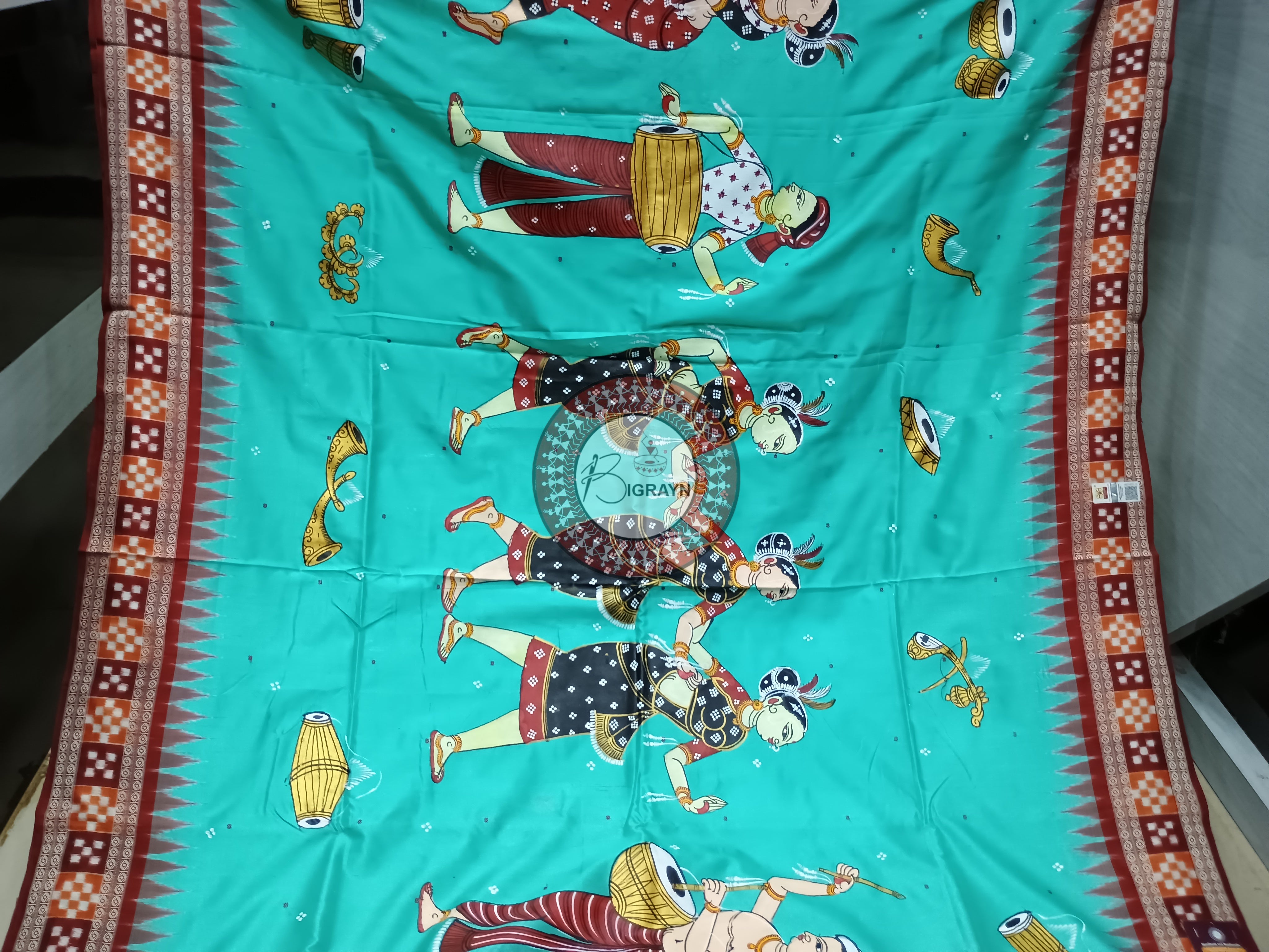 Aqua and Maroon Chau Dance Theme Pattachitra Silk Saree