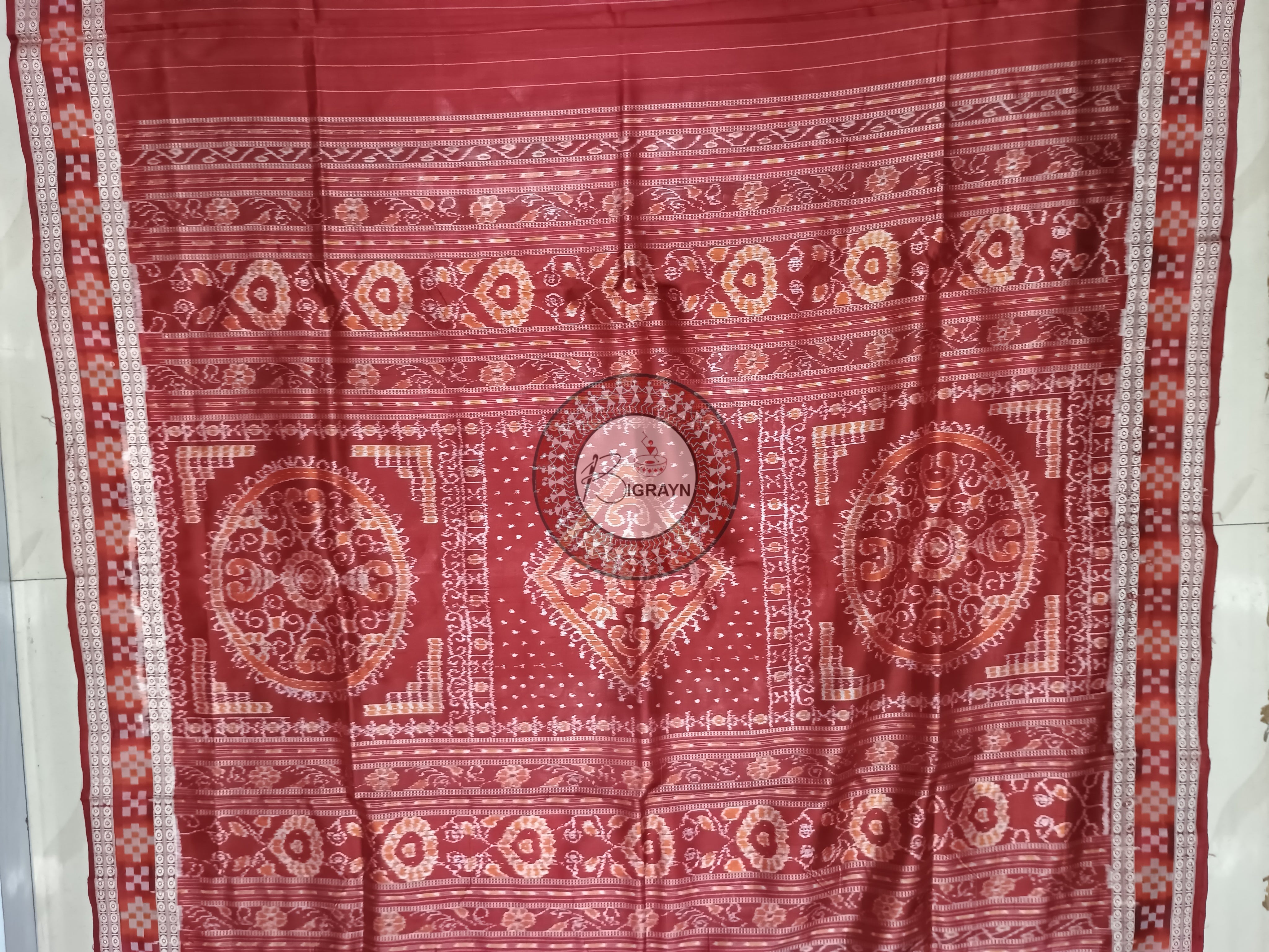 Aqua and Maroon Chau Dance Theme Pattachitra Silk Saree