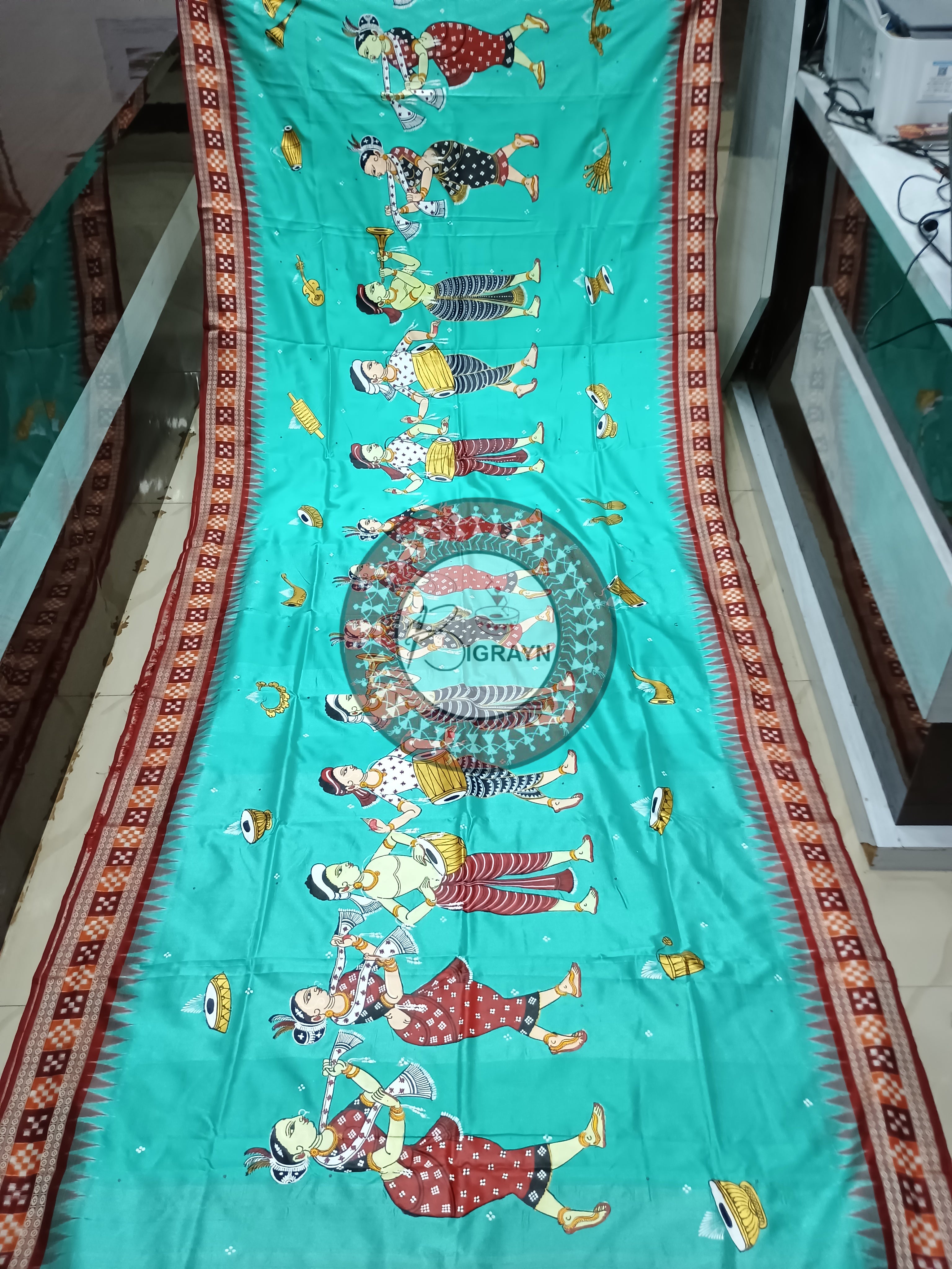 Aqua and Maroon Chau Dance Theme Pattachitra Silk Saree