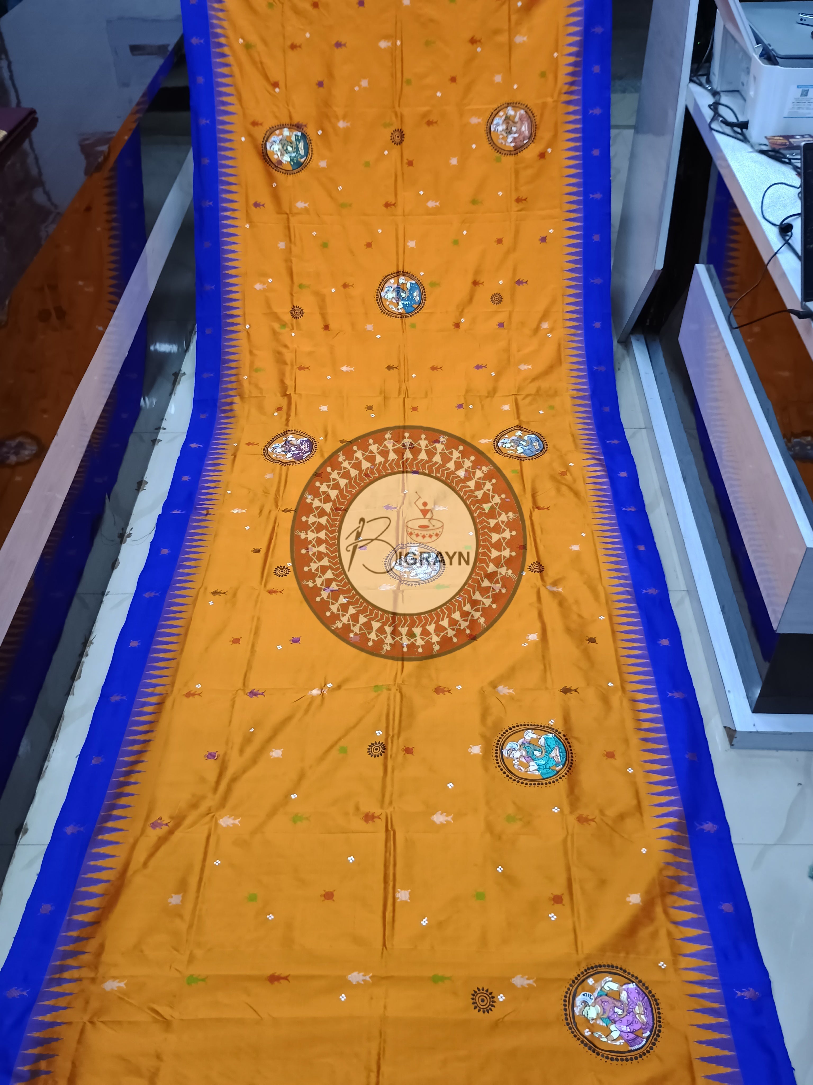 Orange Blue Mastya Kachhap With Dancer Pattachitra Silk Saree