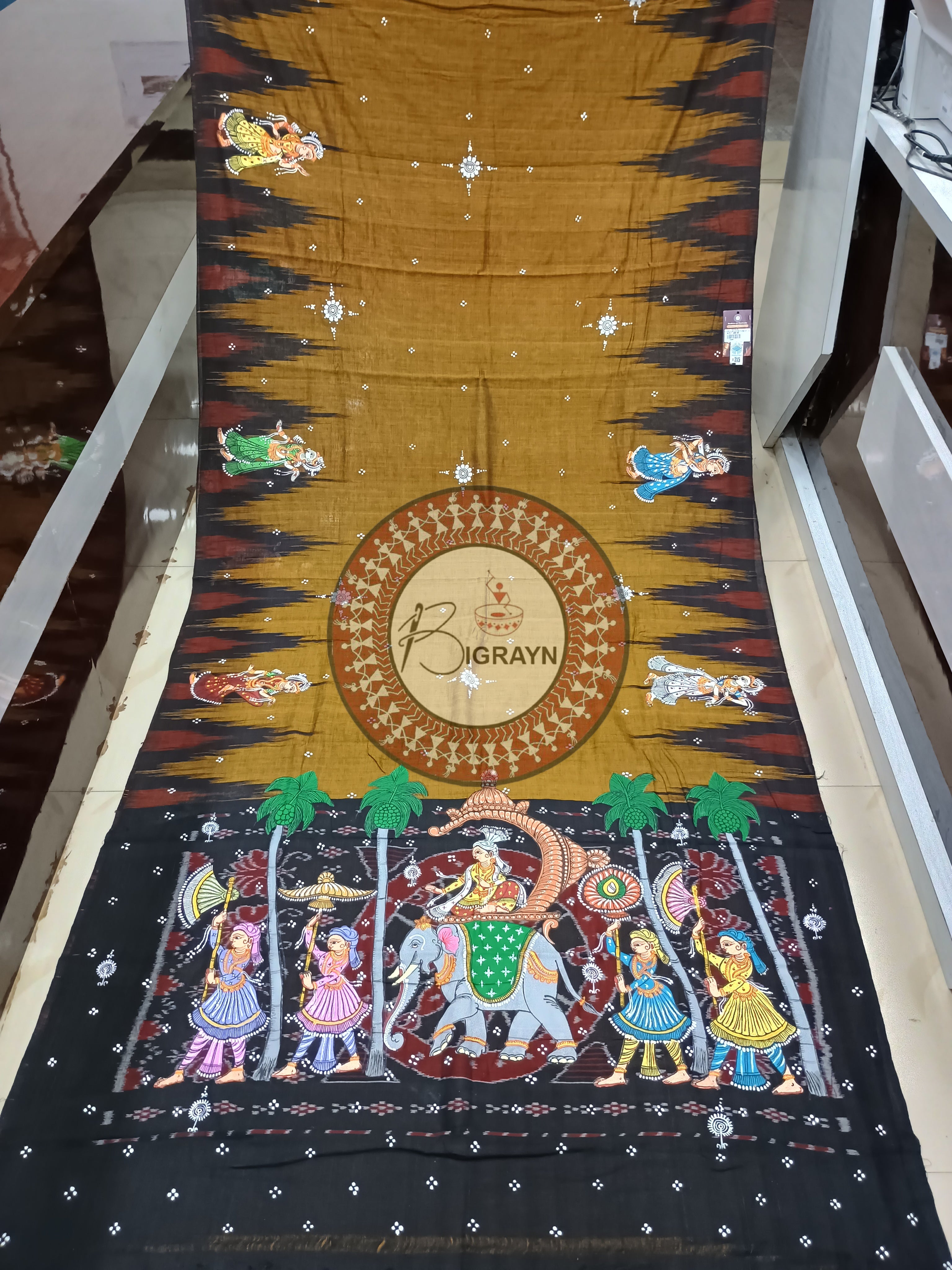 Golden Ashoka Theme Pattachitra Cotton Saree