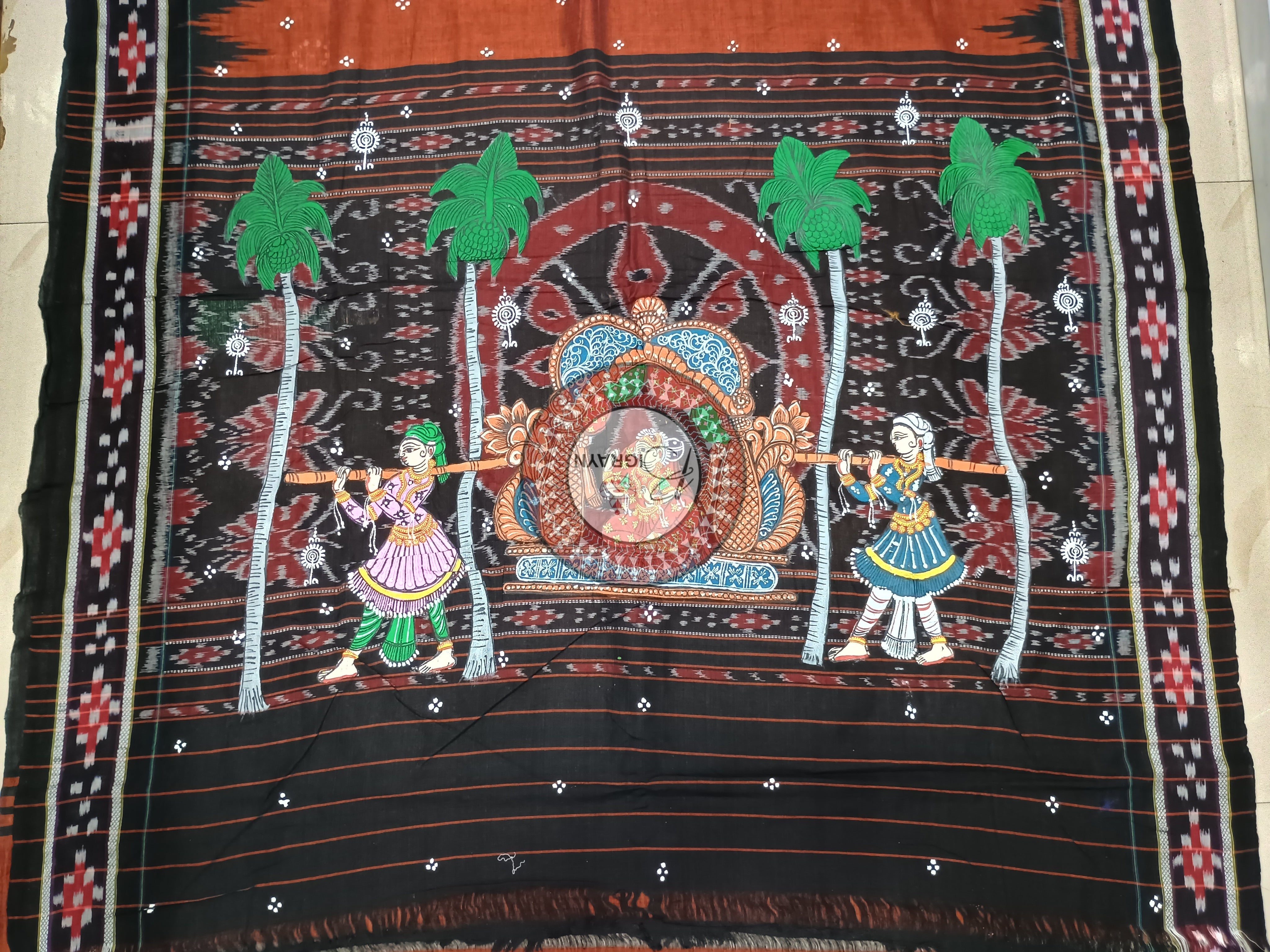 Brown Black Marriage Theme pattachitra Cotton Saree