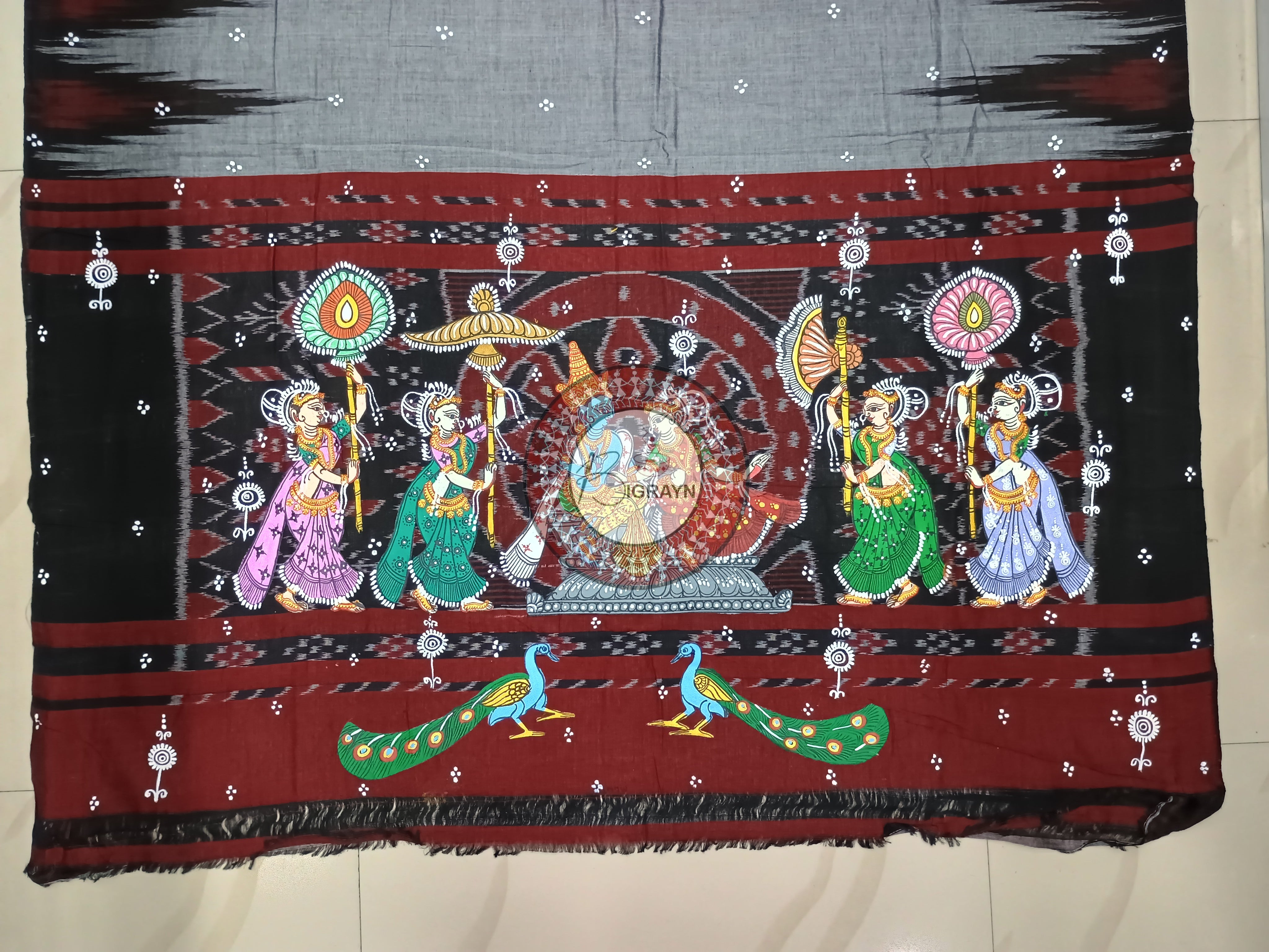 Grey Black Radha Krishna Rasa Pattachitra Cotton Saree