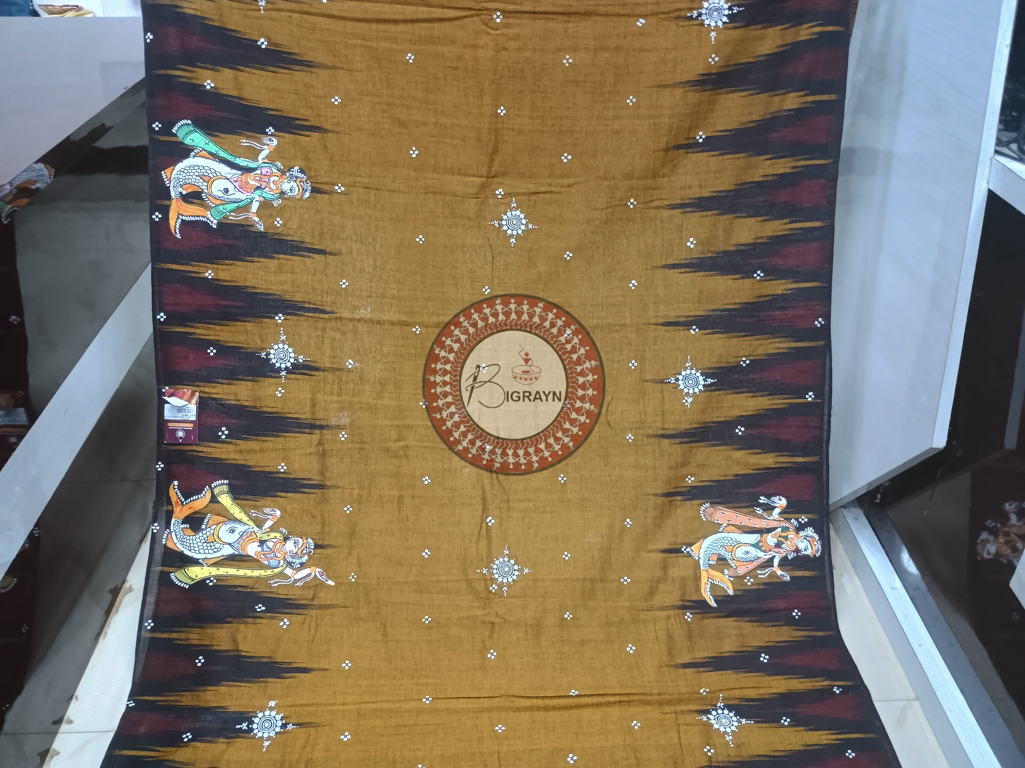 Golden Black Mastya Kanya Pattachitra Cotton Saree