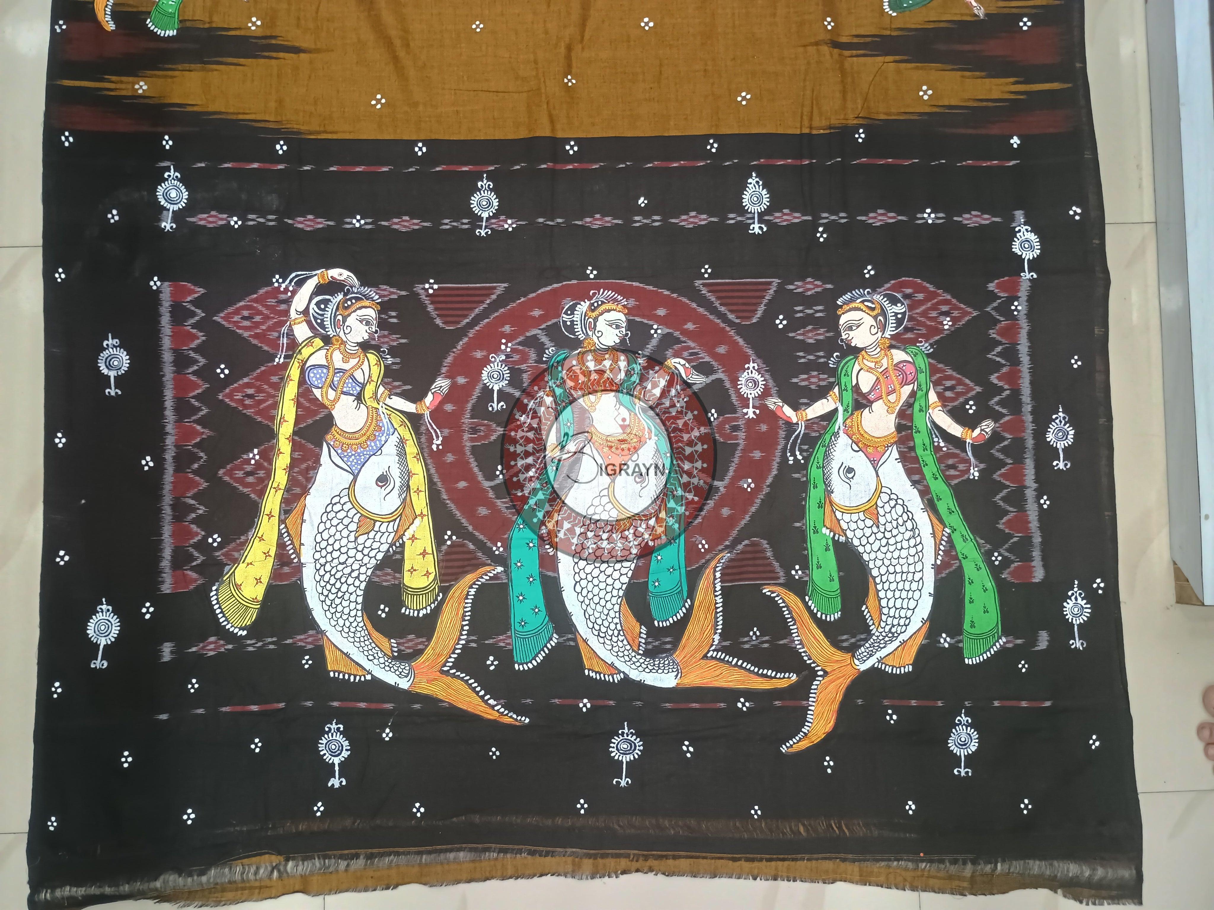 Golden Black Mastya Kanya Pattachitra Cotton Saree