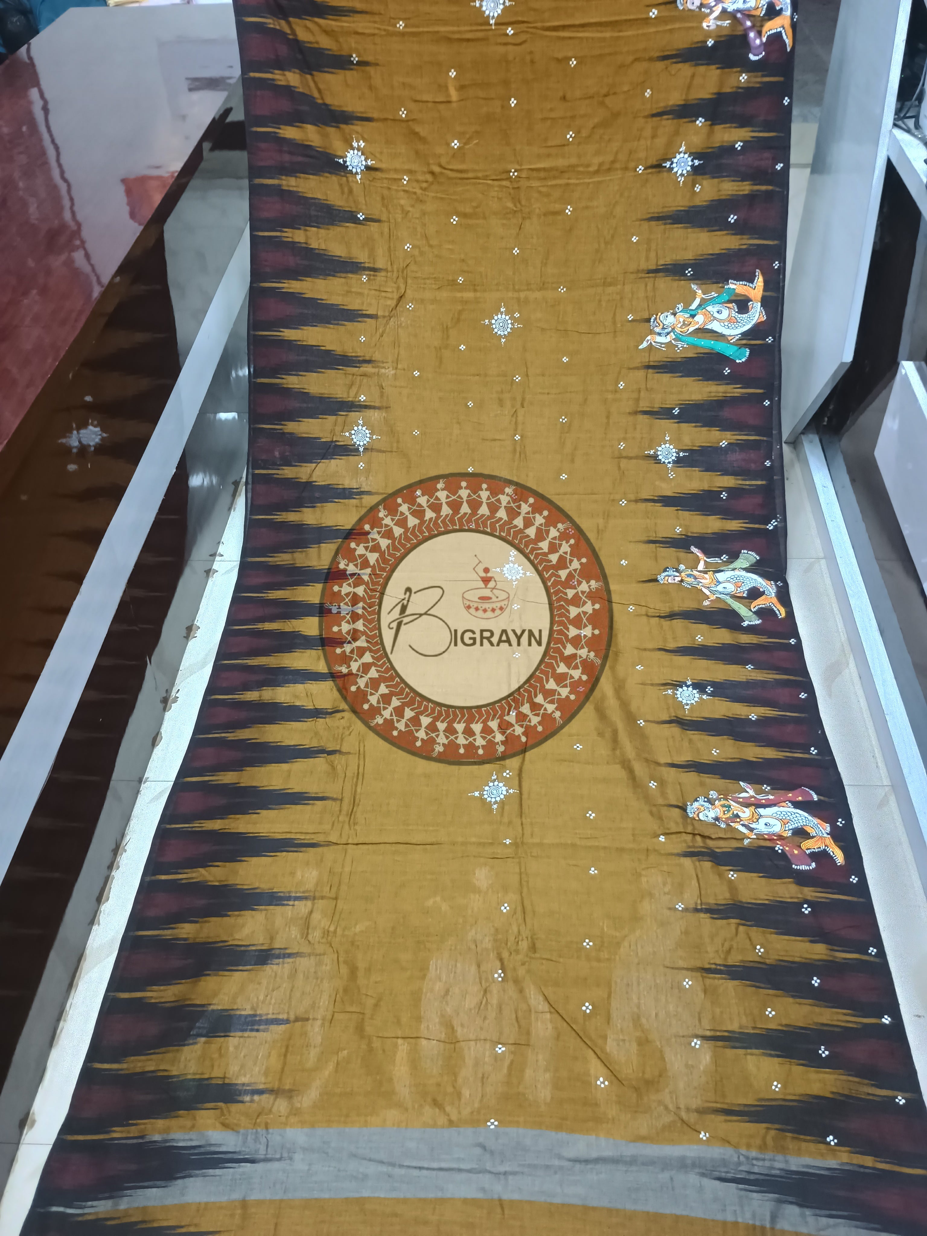 Golden Black Mastya Kanya Pattachitra Cotton Saree