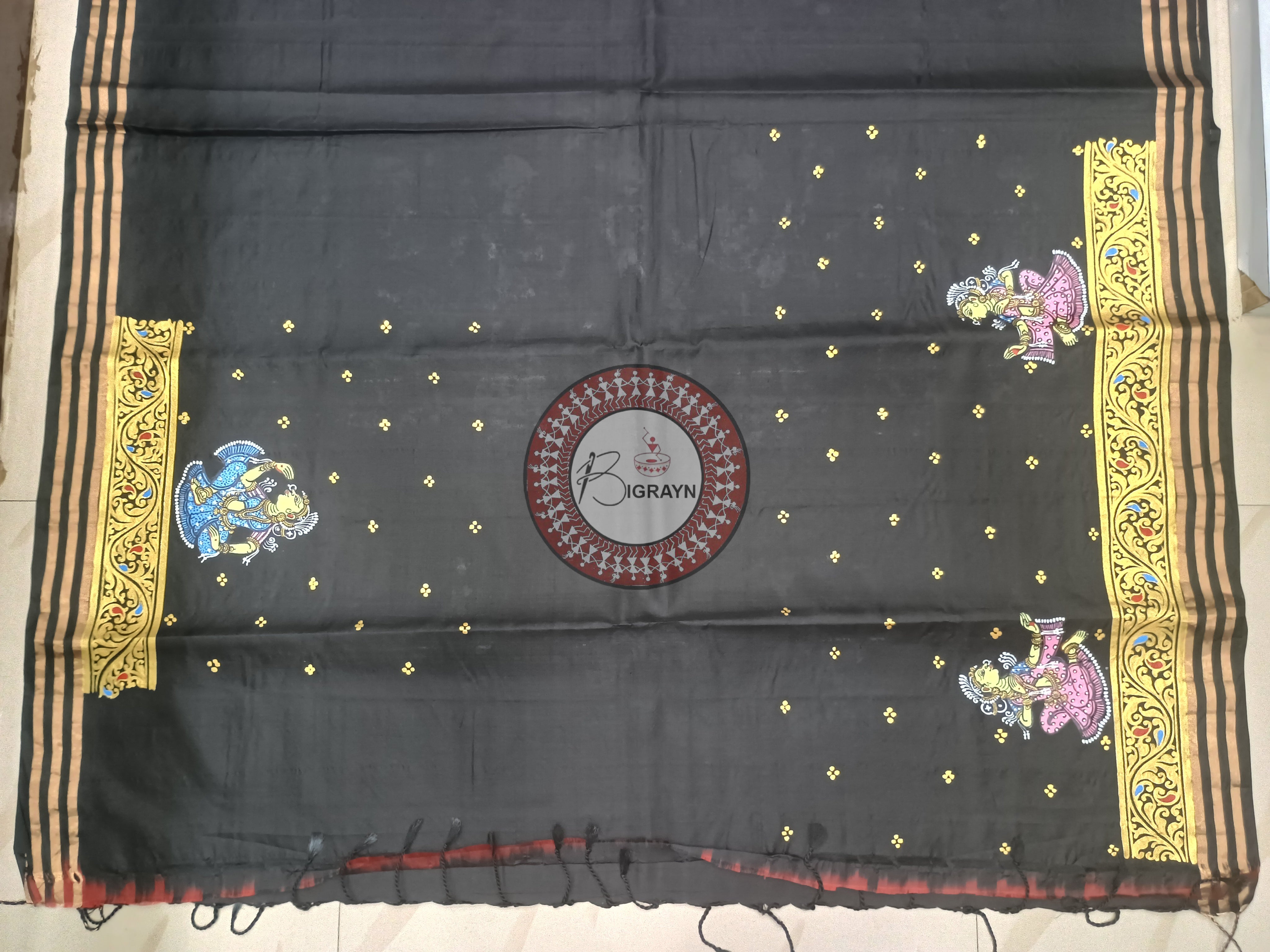 Black Dancer Theme Pattachitra Kanjivaram Silk Saree