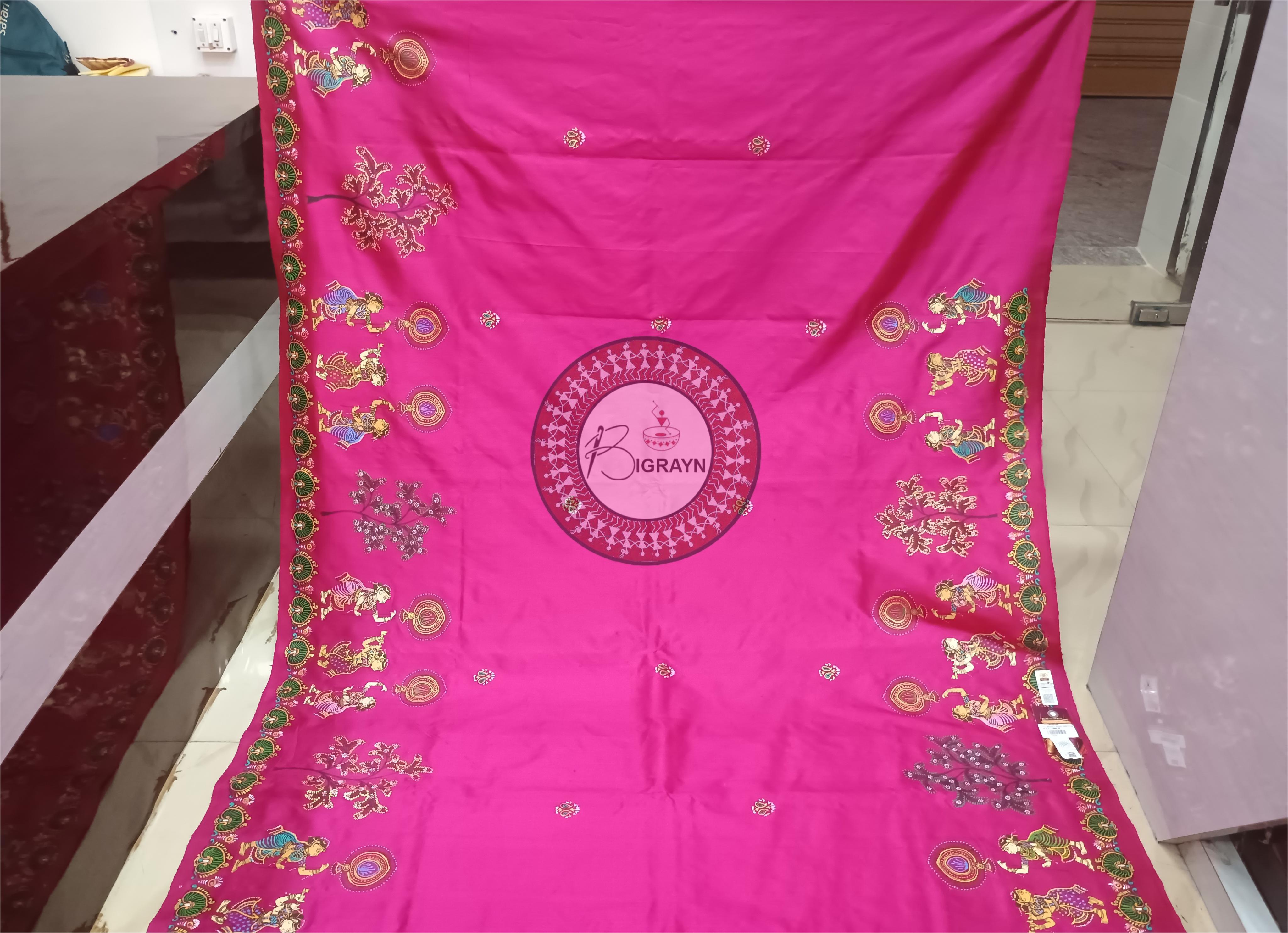 Magenta Round Dancer Theme Pattachitra Sambalpuri Silk Saree