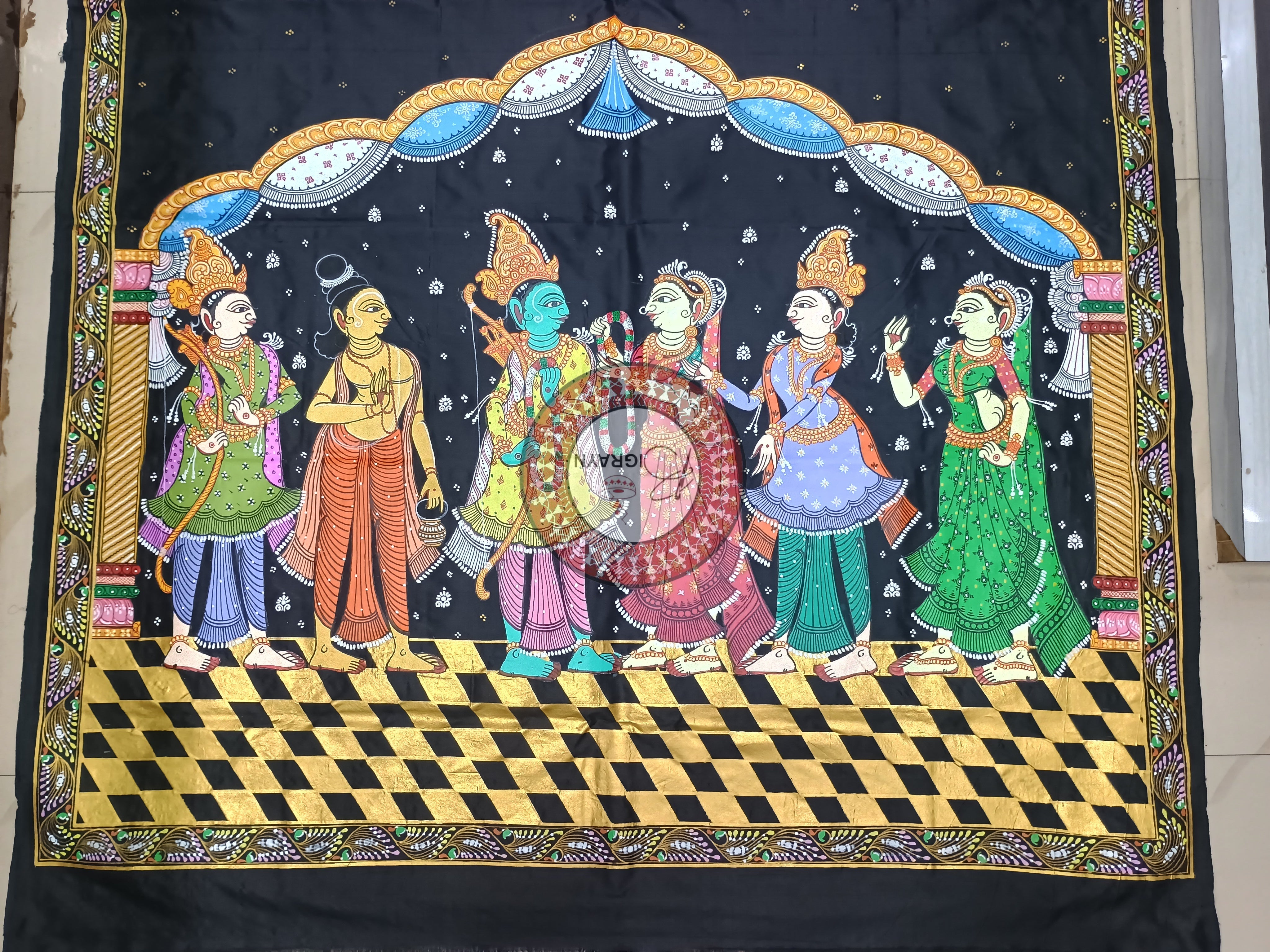 Black Rama Sita Vivah Theme Pattachitra Sambalpuri Silk Saree