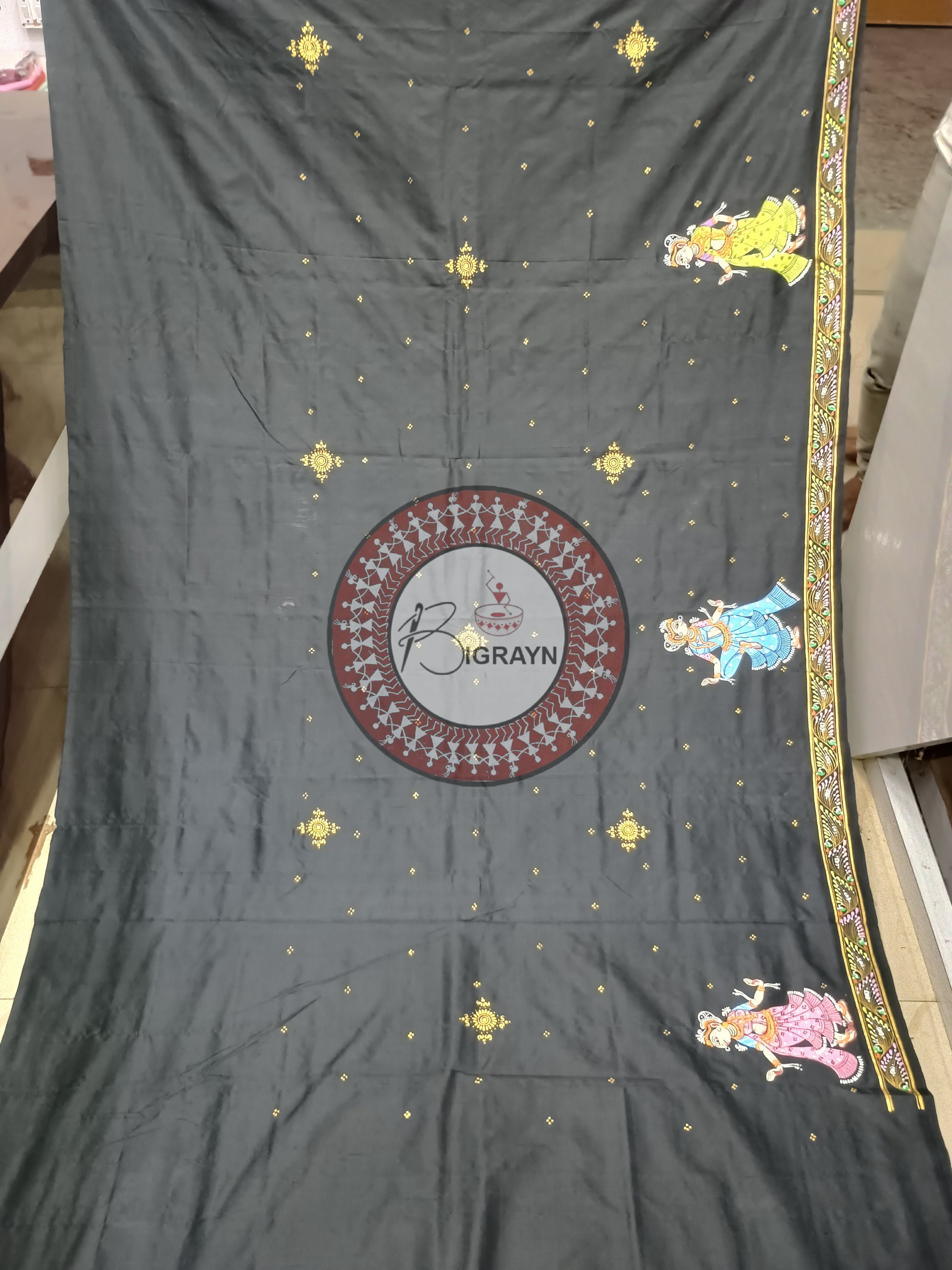 Black Rama Sita Vivah Theme Pattachitra Sambalpuri Silk Saree