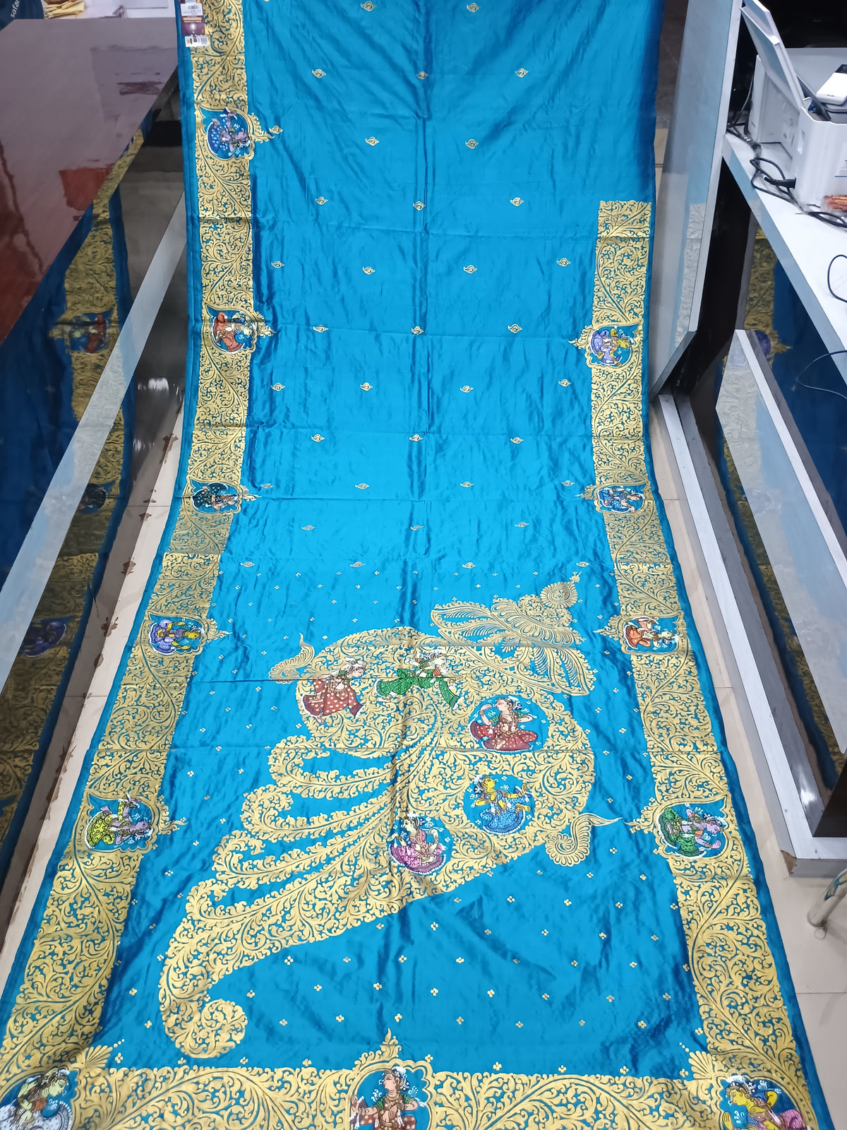 Teal Blue Kandarp Sankha Theme Pattachitra Sambalpuri Silk Saree