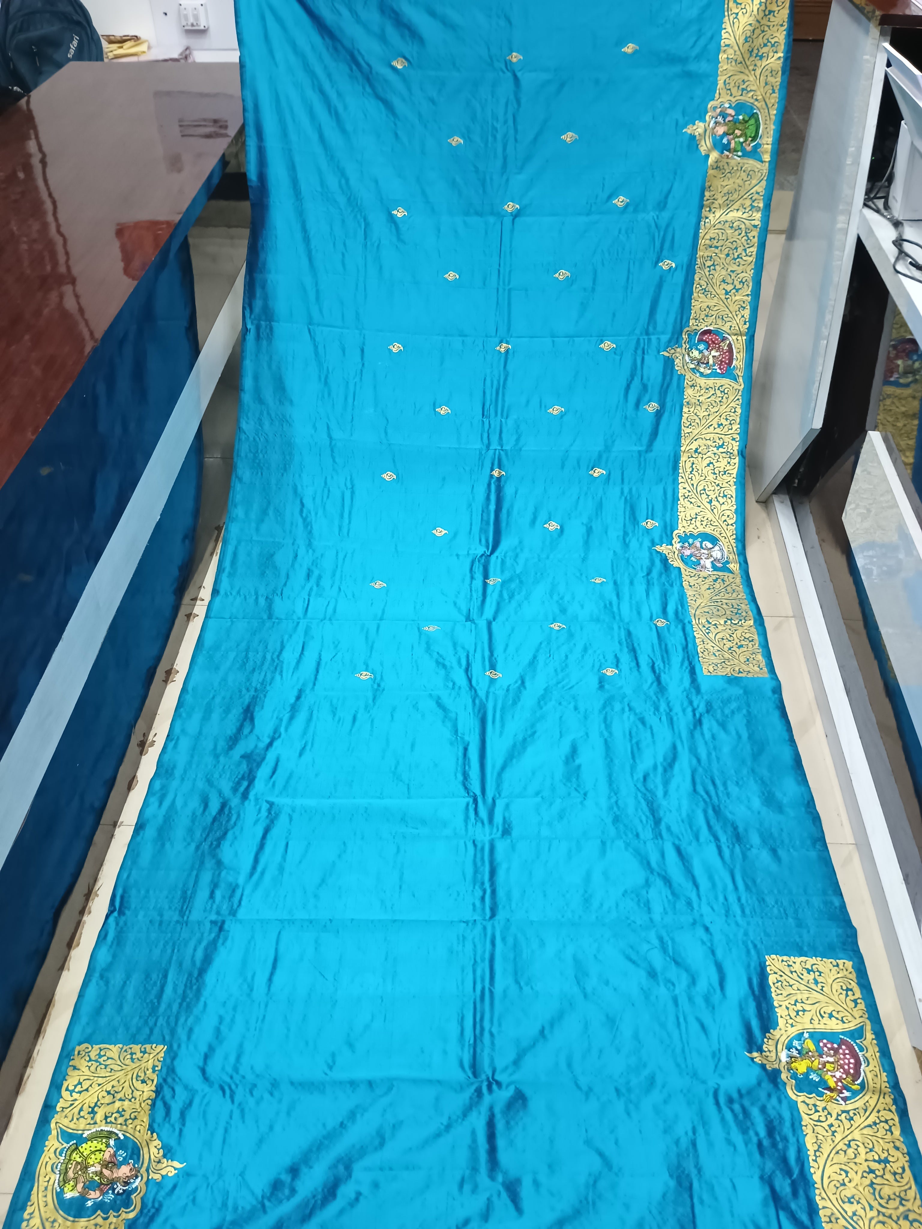 Teal Blue Kandarp Sankha Theme Pattachitra Sambalpuri Silk Saree