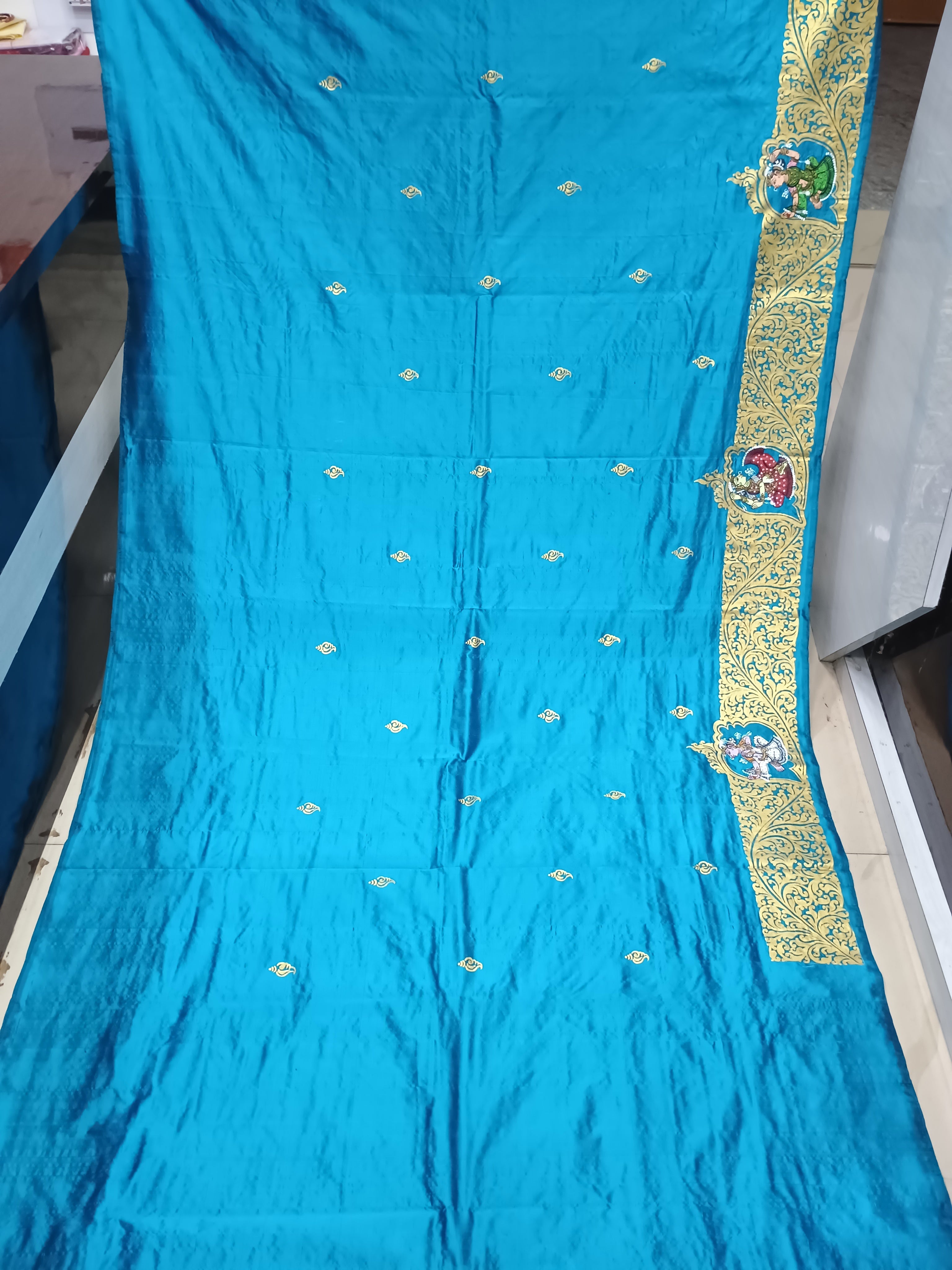 Teal Blue Kandarp Sankha Theme Pattachitra Sambalpuri Silk Saree