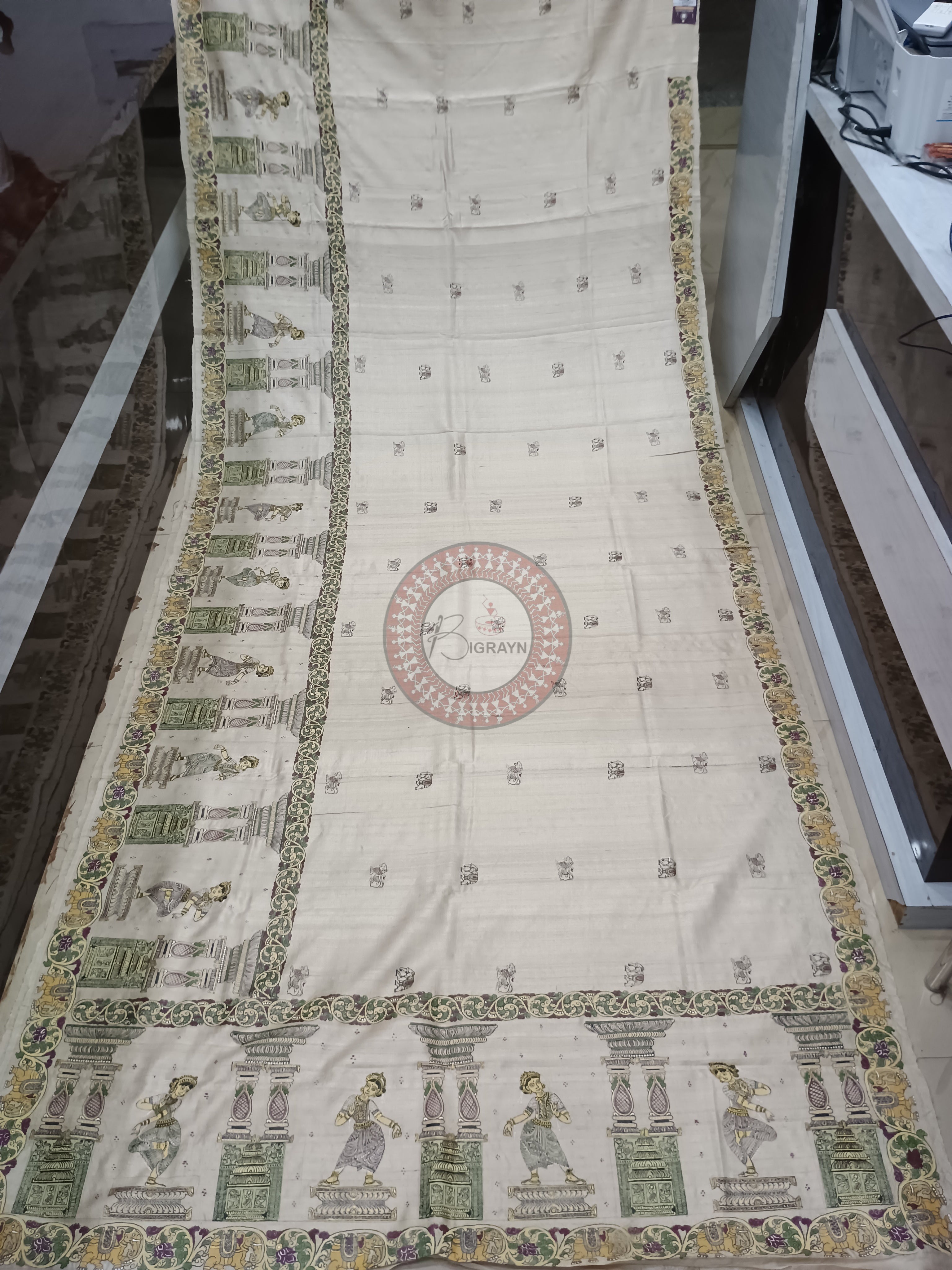 Natural Tusser Dancer Theme Pattachitra Tussar Silk Saree