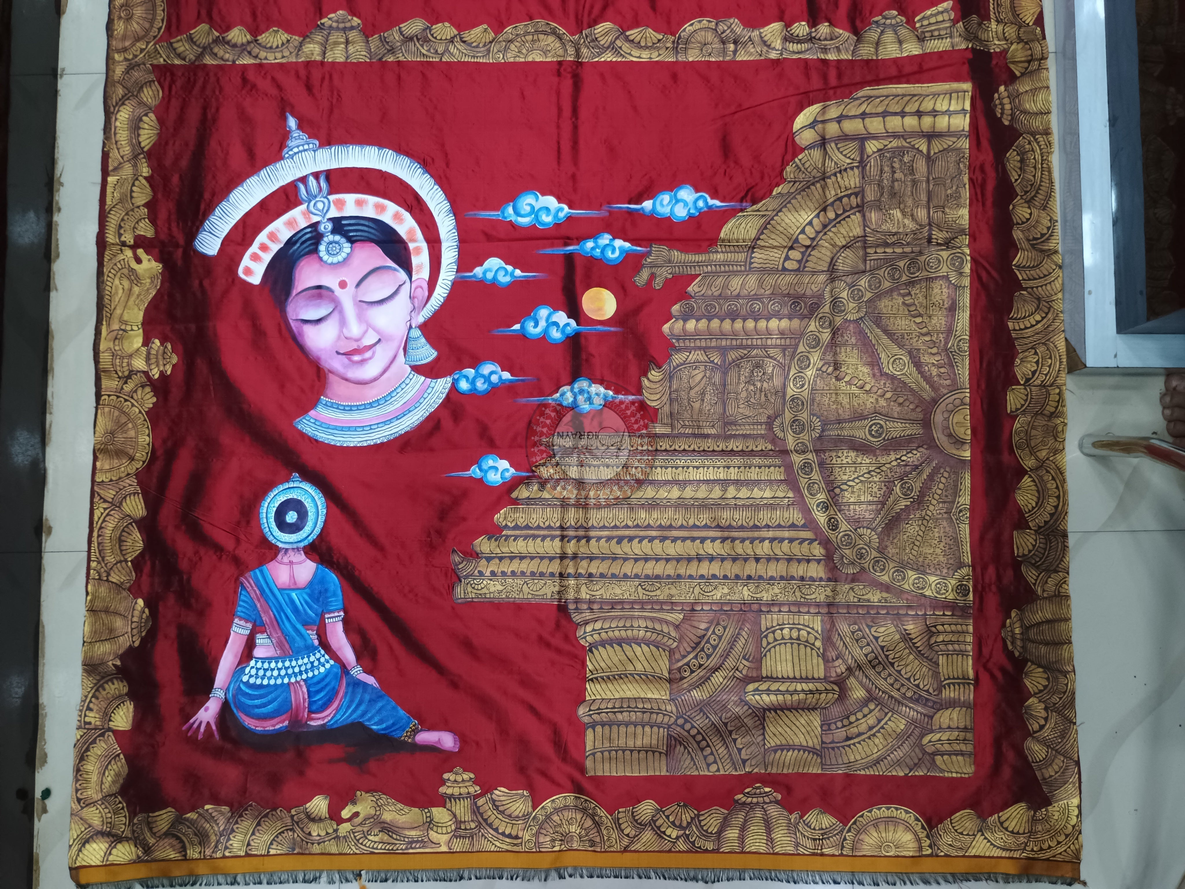 Maroon Half Konark And Odishi Dancer Theme Pattachitra Sambalpuri Silk Saree