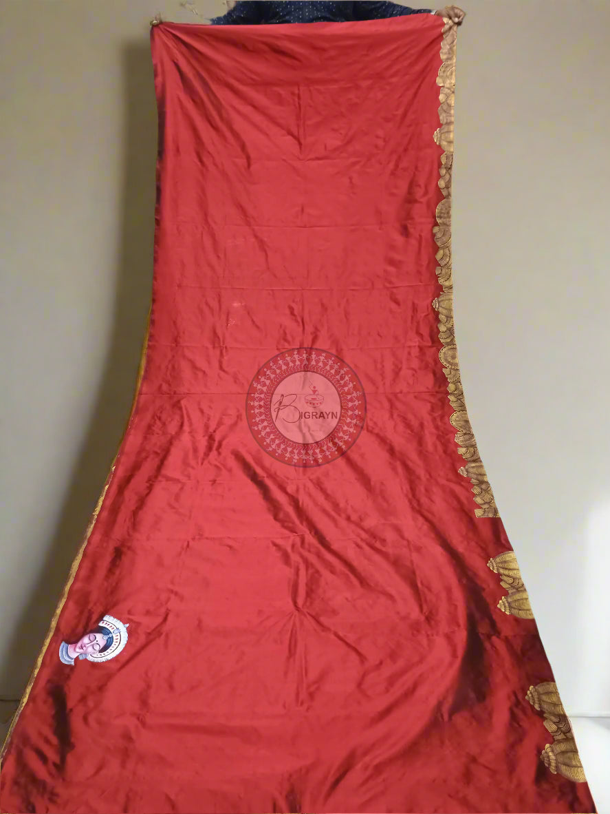 Maroon Half Konark And Odishi Dancer Theme Pattachitra Sambalpuri Silk Saree