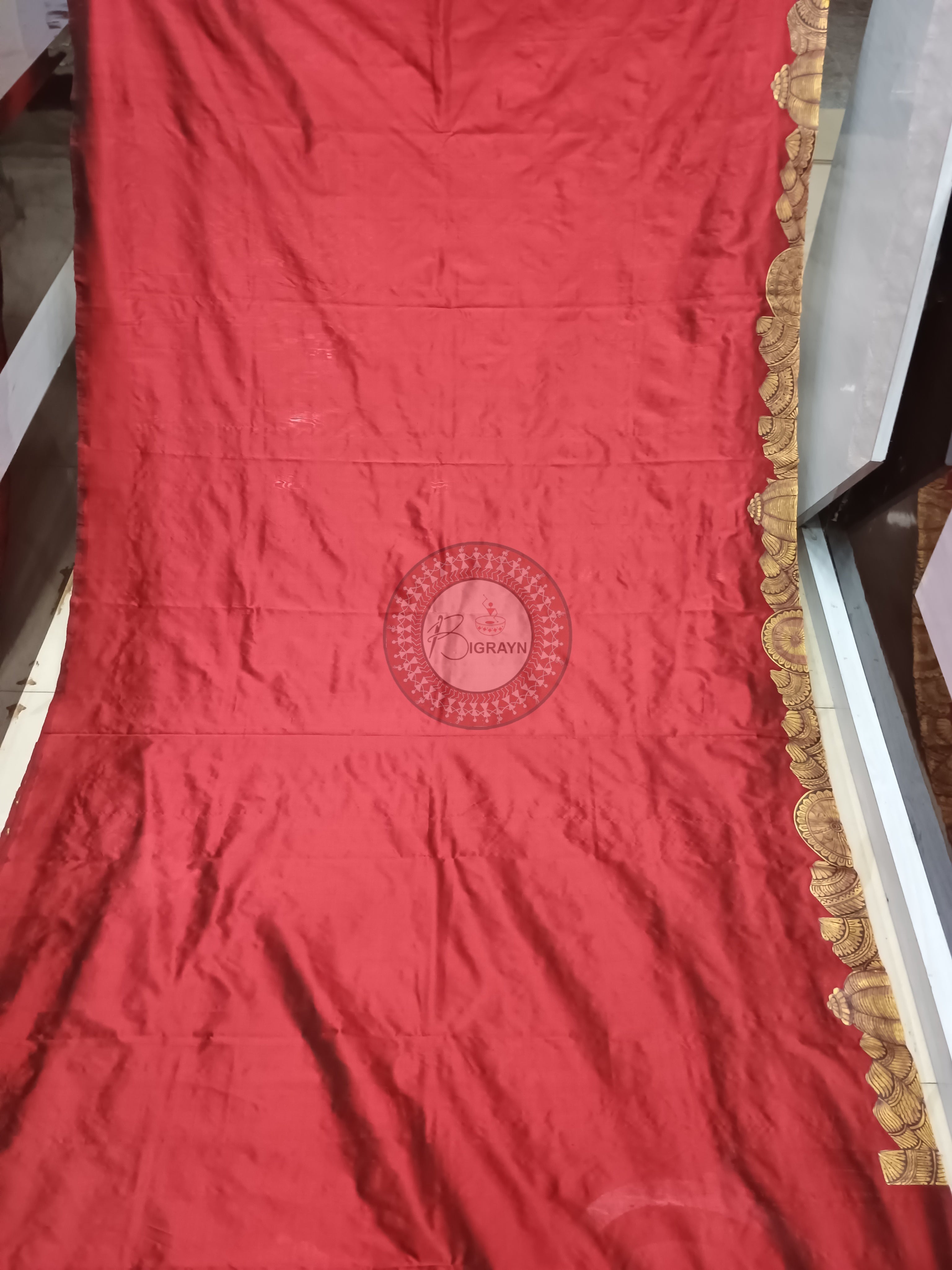 Maroon Half Konark And Odishi Dancer Theme Pattachitra Sambalpuri Silk Saree