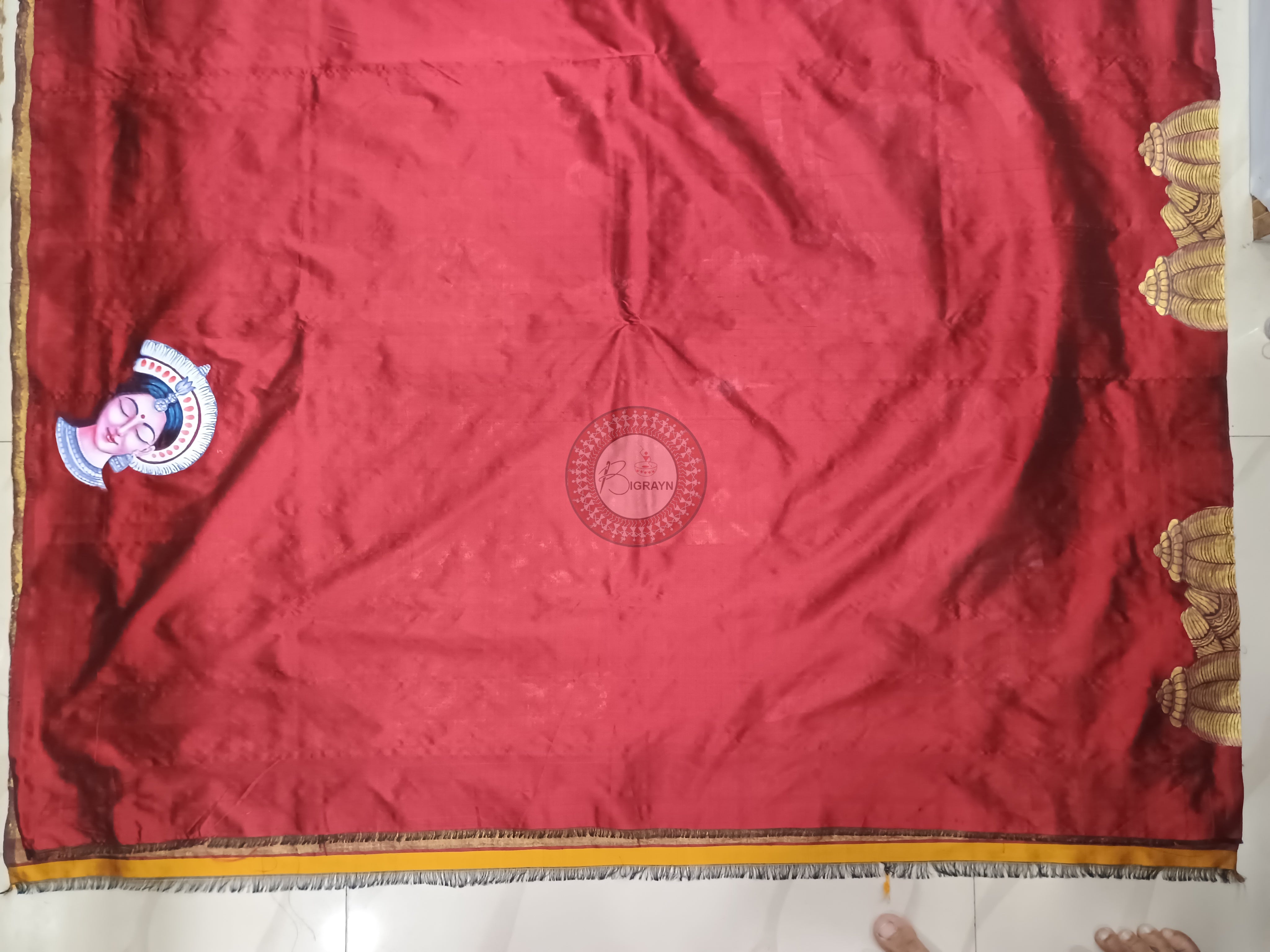 Maroon Half Konark And Odishi Dancer Theme Pattachitra Sambalpuri Silk Saree
