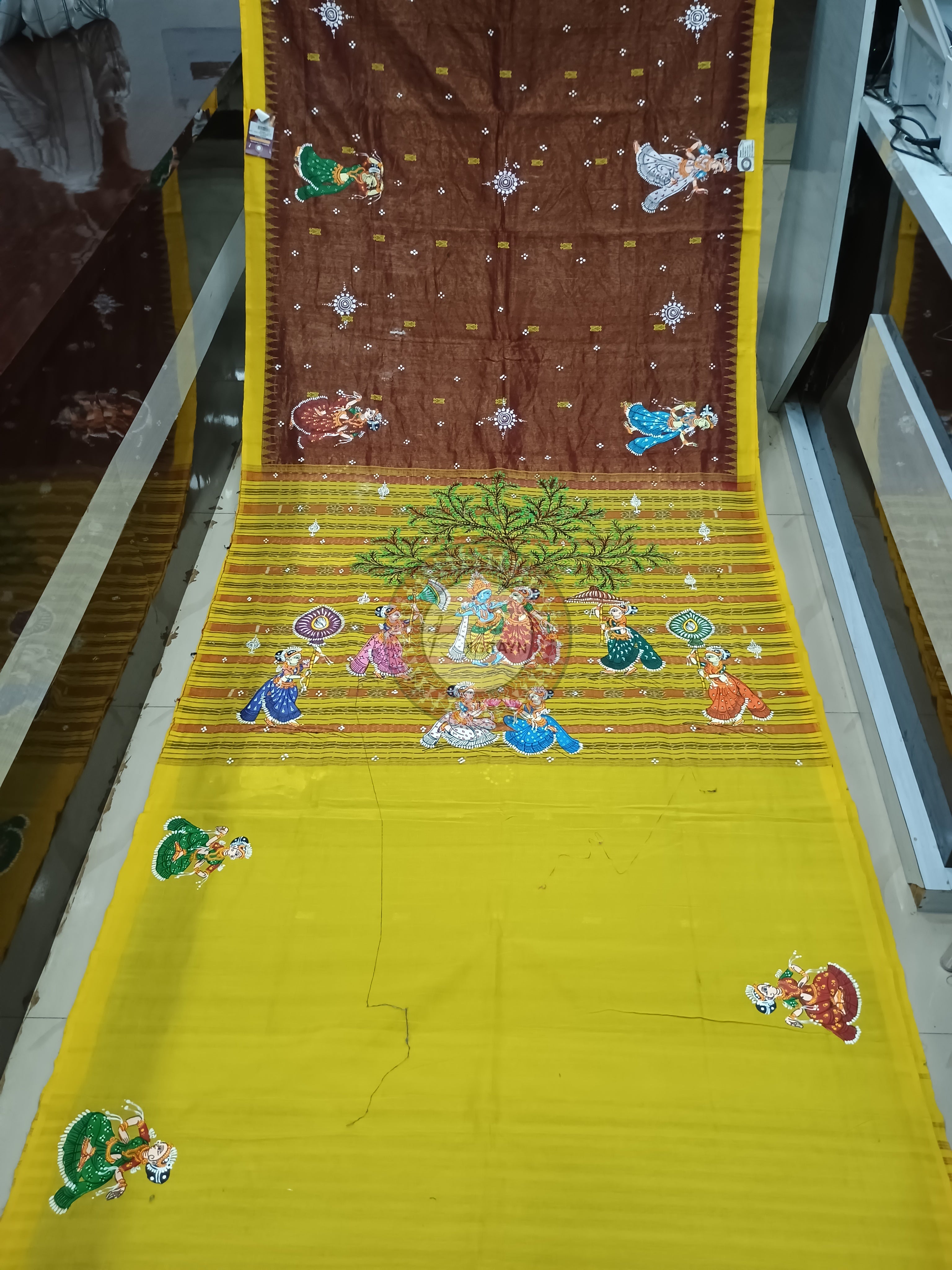 Bronze Yellow Radha Krishna Rasa Theme Pattachitra Cotton Tissue Silk Saree