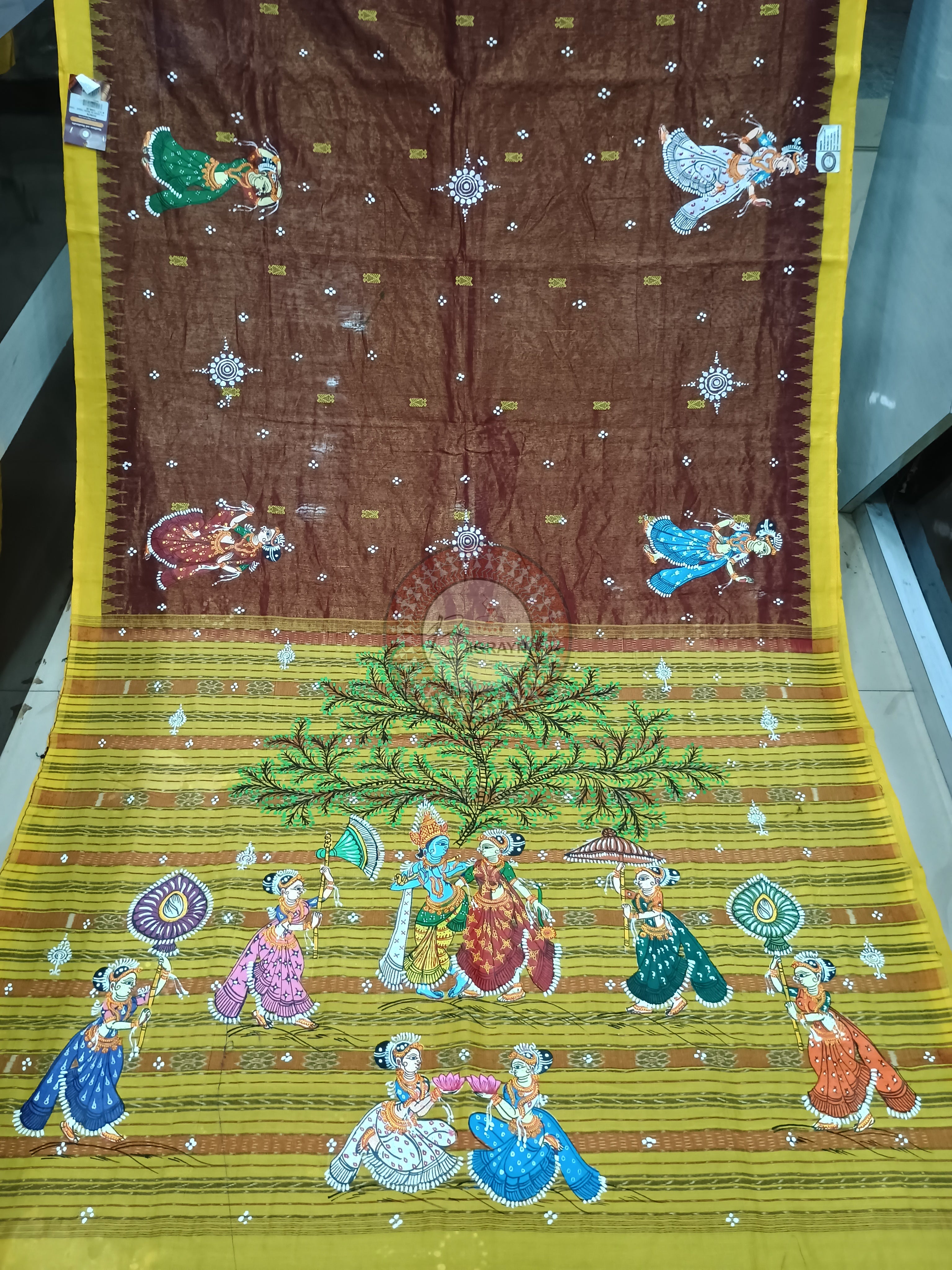 Bronze Yellow Radha Krishna Rasa Theme Pattachitra Cotton Tissue Silk Saree