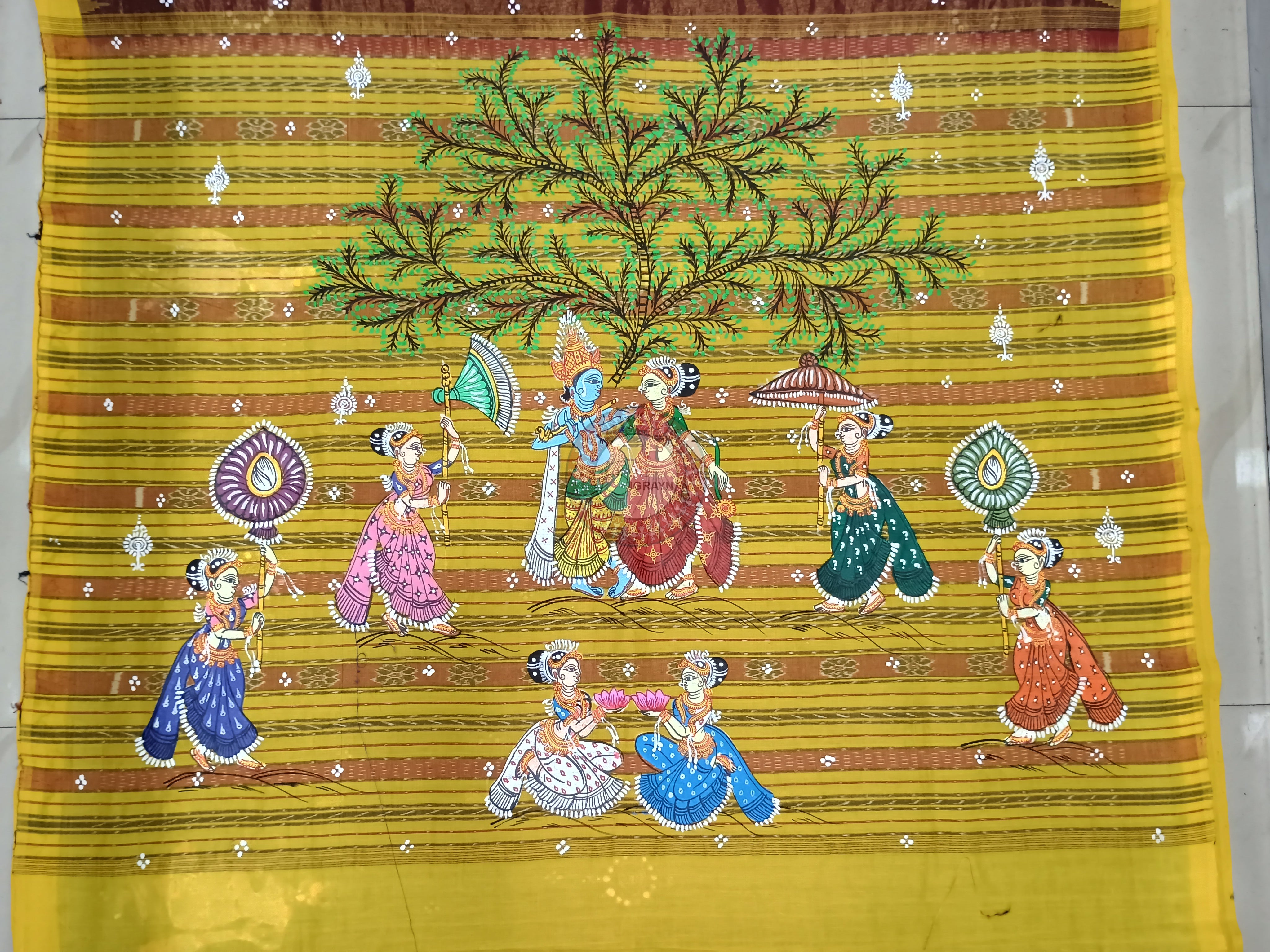 Bronze Yellow Radha Krishna Rasa Theme Pattachitra Cotton Tissue Silk Saree