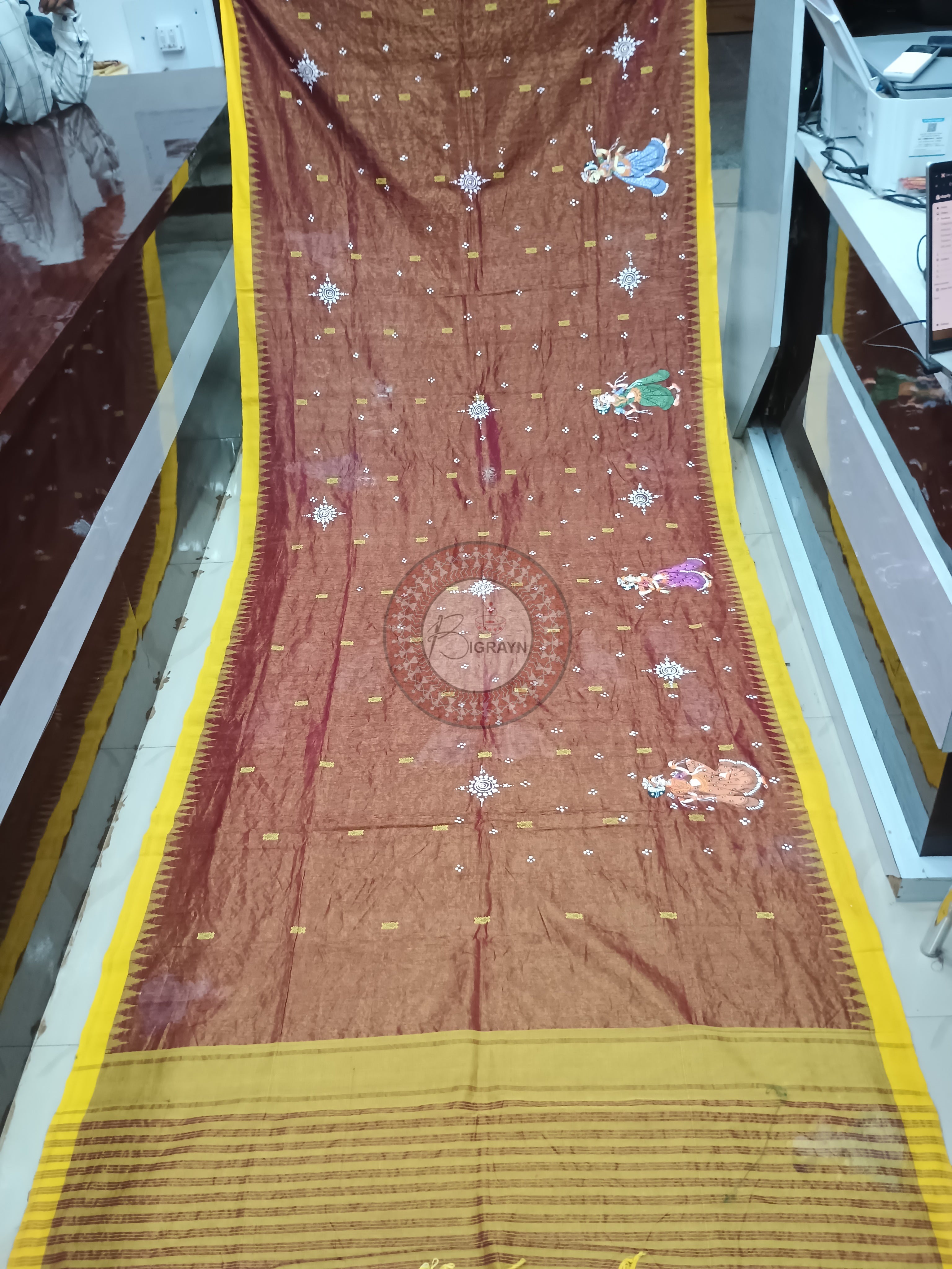 Bronze Yellow Radha Krishna Rasa Theme Pattachitra Cotton Tissue Silk Saree