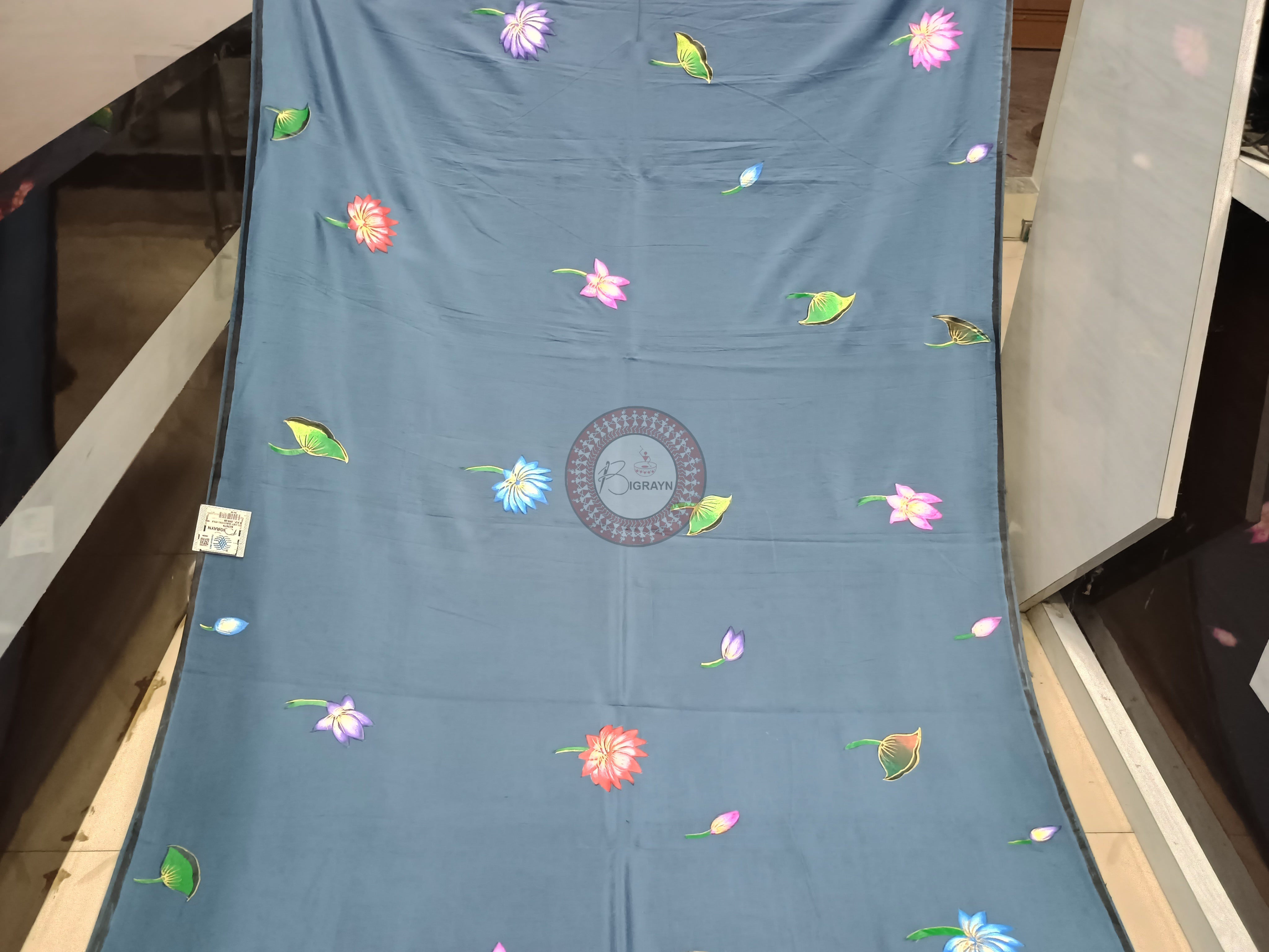 Grey Kamadhenu Theme Hand Painted Pattachitra Khadi Silk Saree
