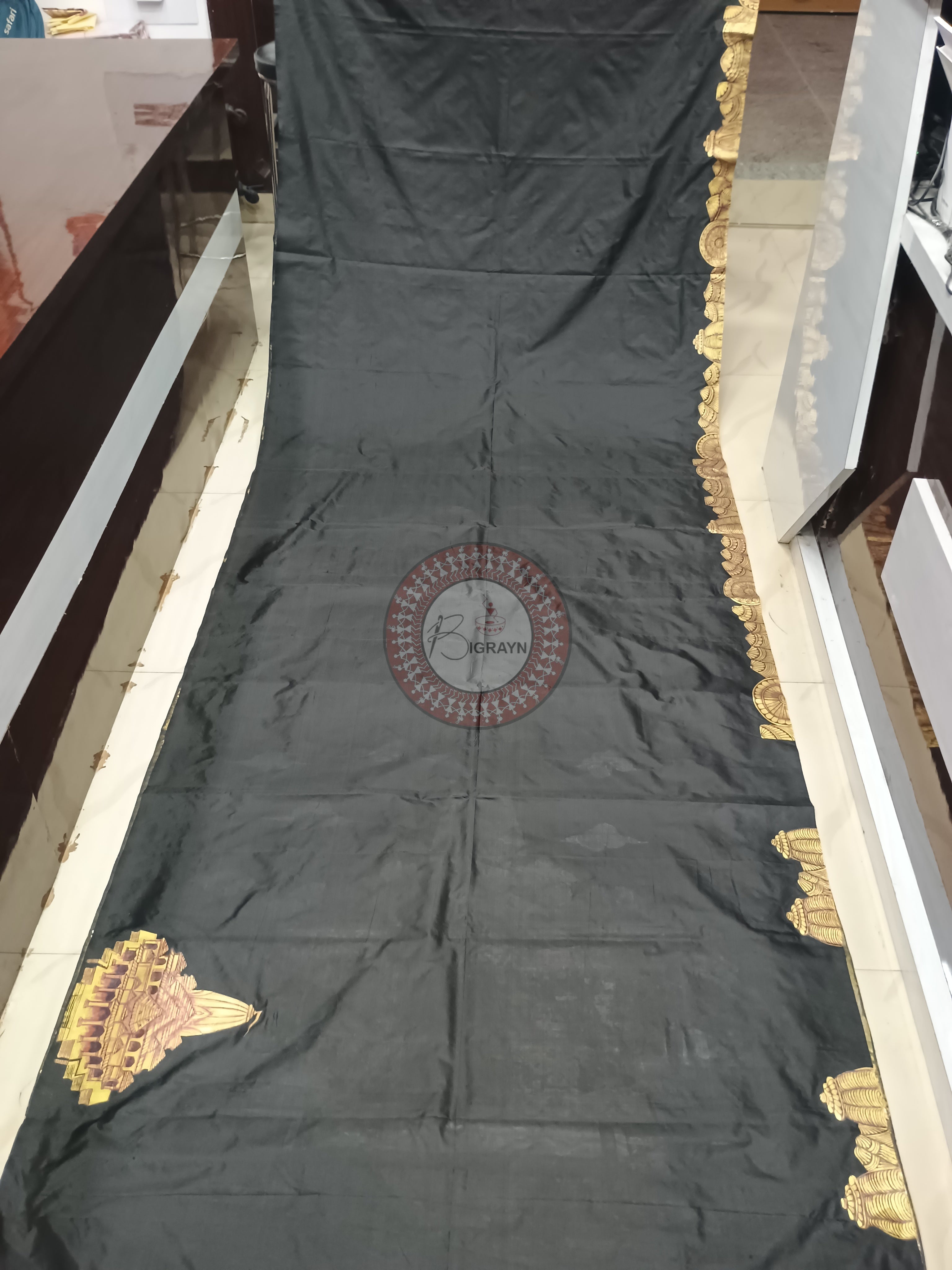 Black Sri Ram Temple(Ayodhya) Theme Pattachitra Pure Silk saree