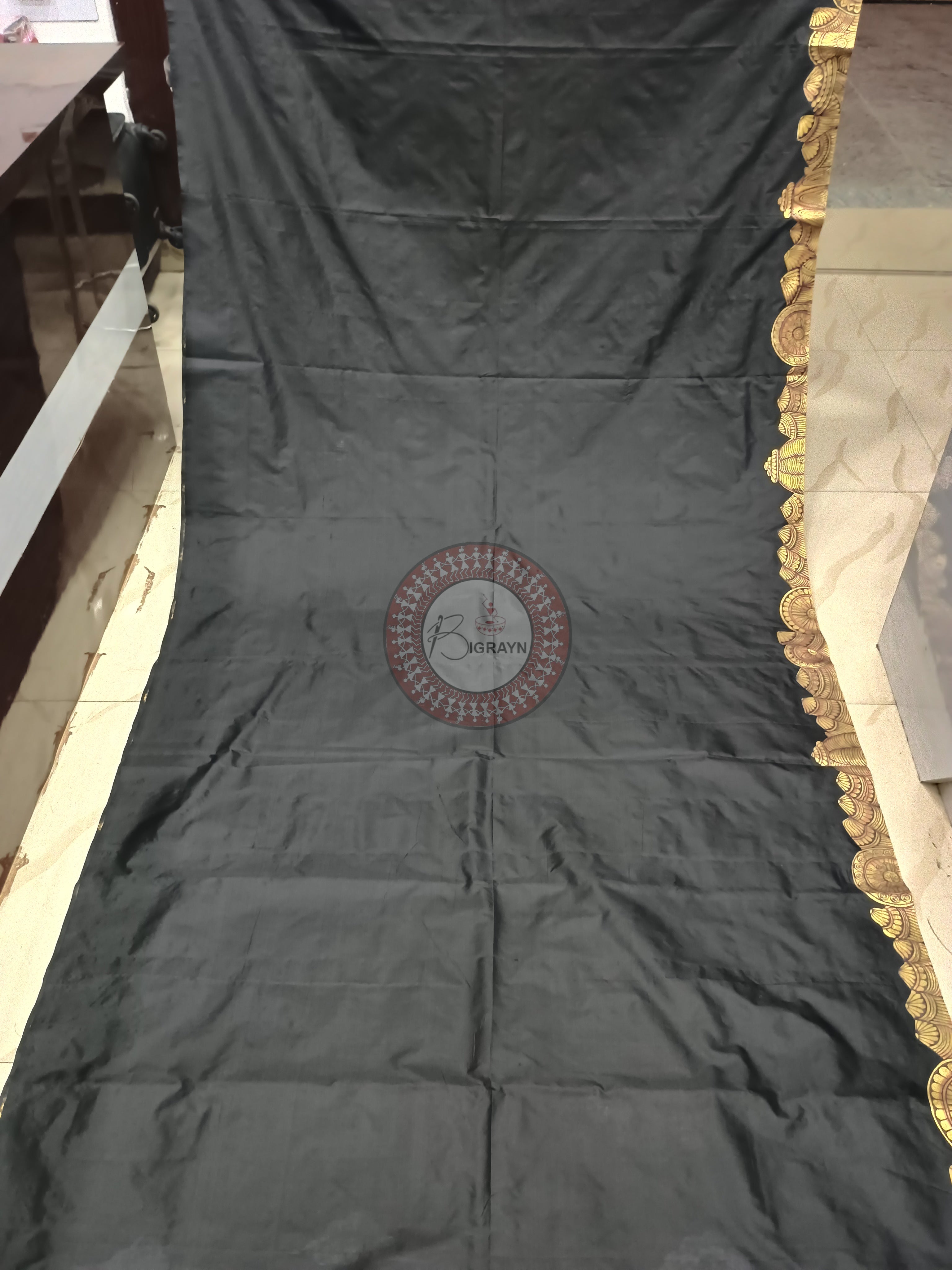Black Sri Ram Temple(Ayodhya) Theme Pattachitra Pure Silk saree