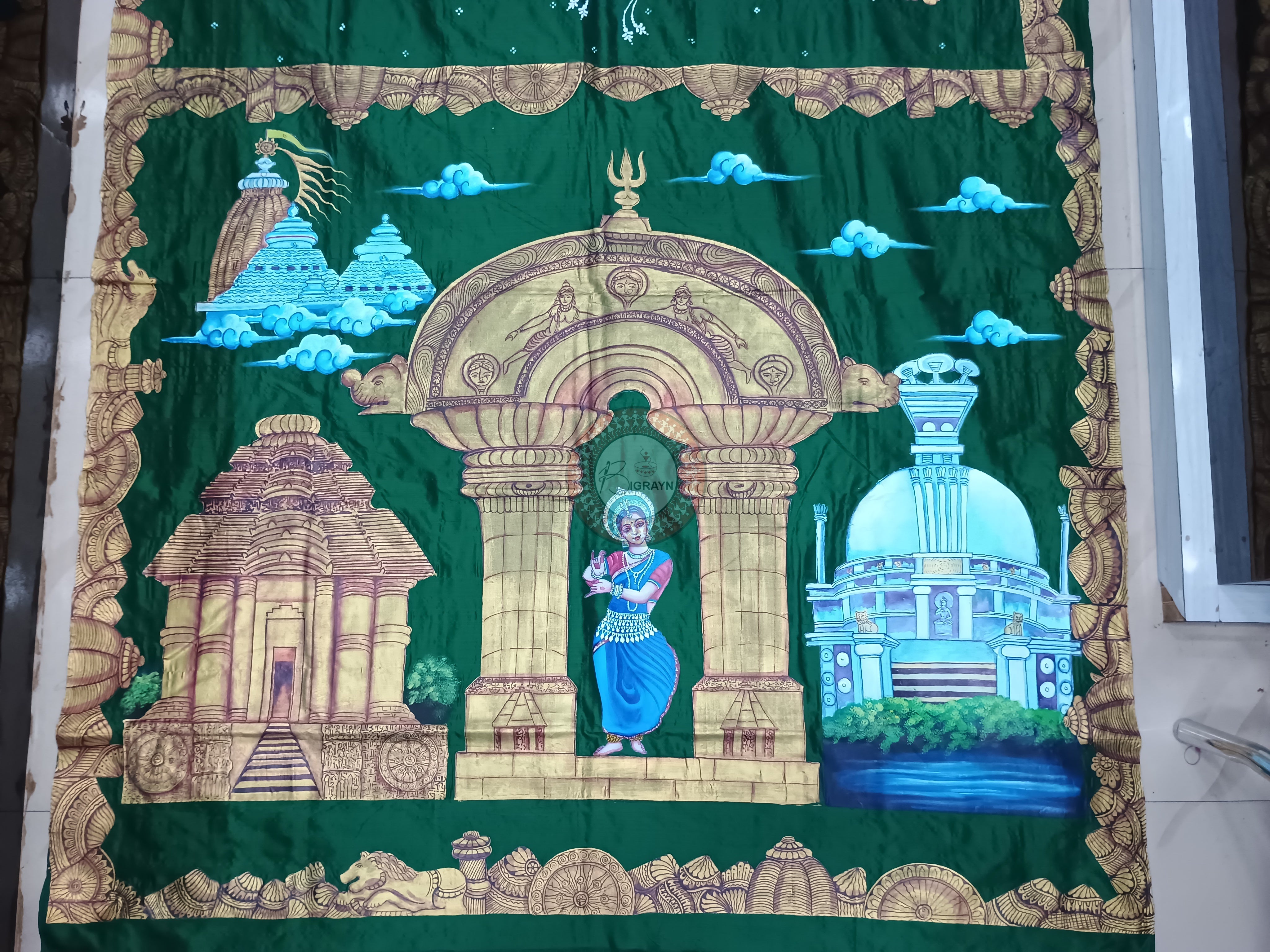Green Odisha Theme Pattachitra Sambalpuri Silk Saree