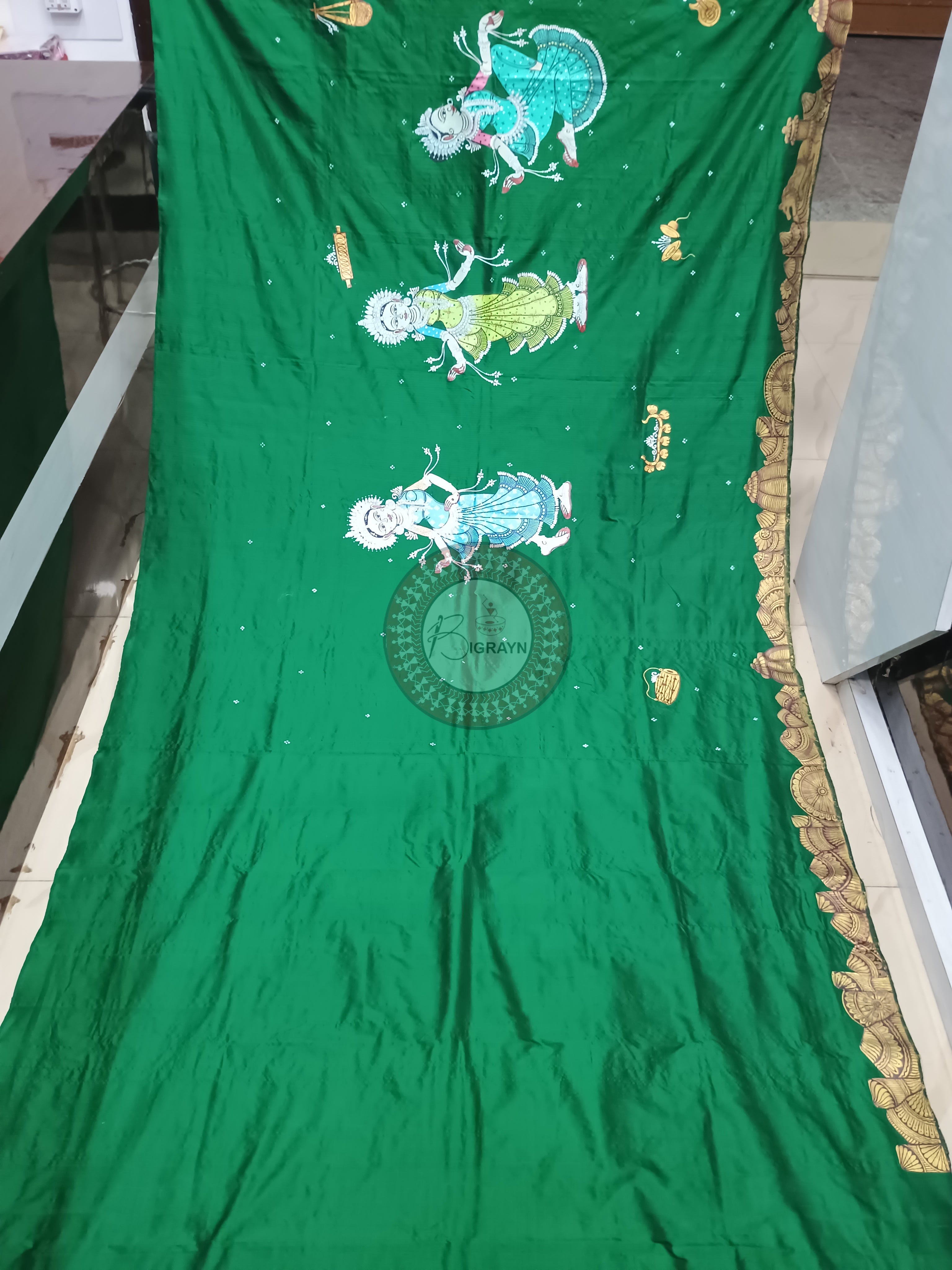 Green Odisha Theme Pattachitra Sambalpuri Silk Saree