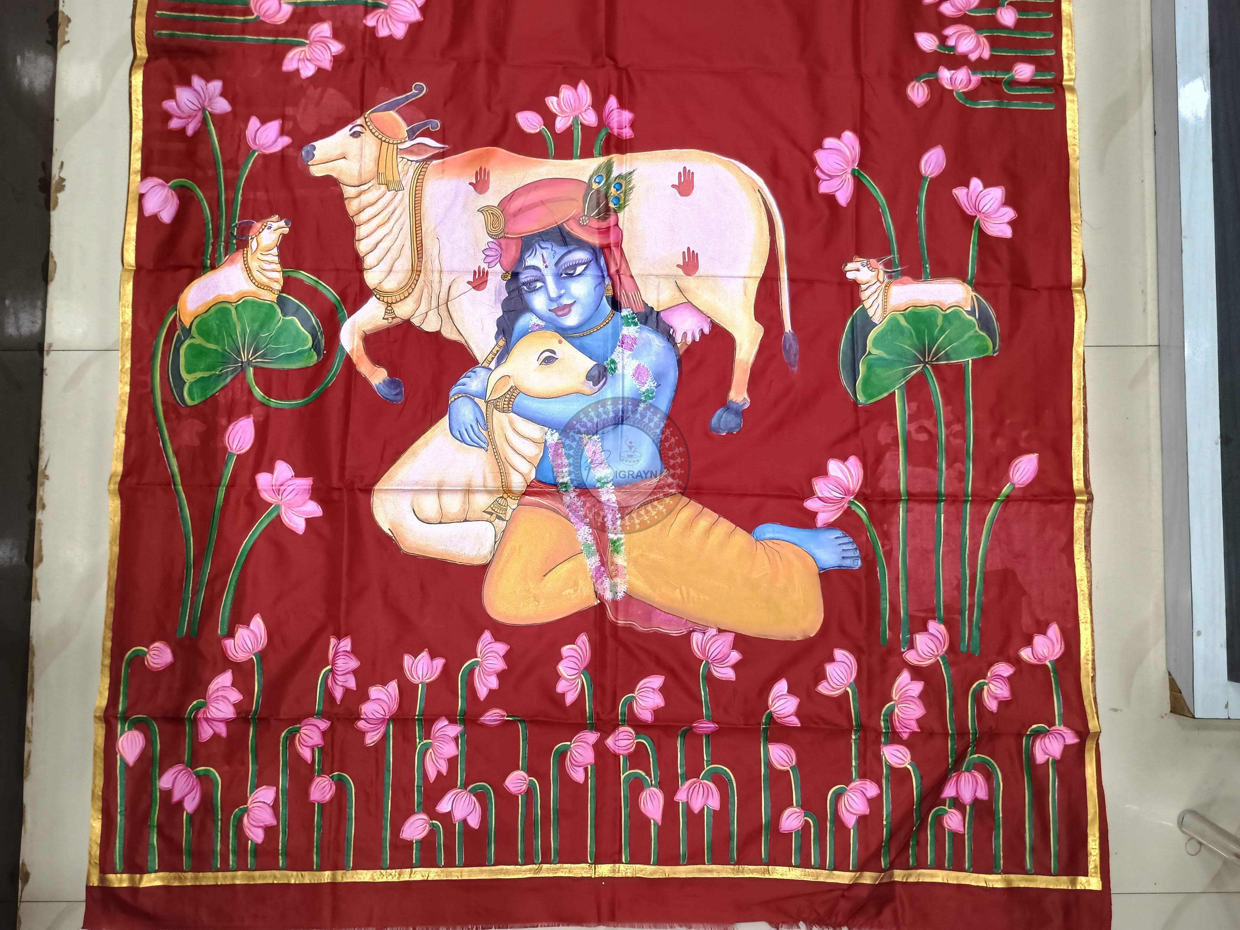 Maroon Pichwai Theme Pattachitra Pure Silk saree