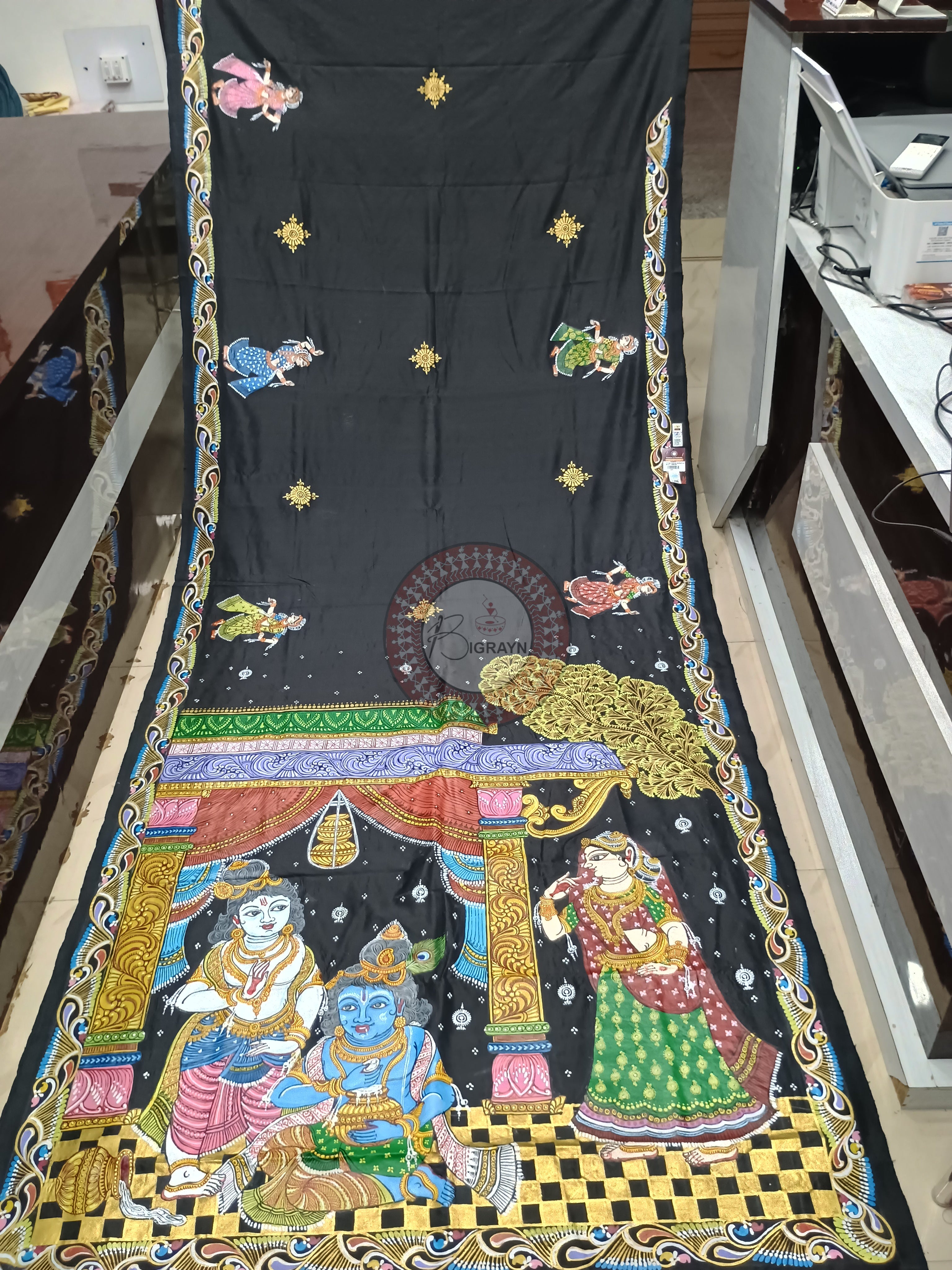 Black Krishna Balaram Theme Pattachitra Sambalpuri Silk Saree