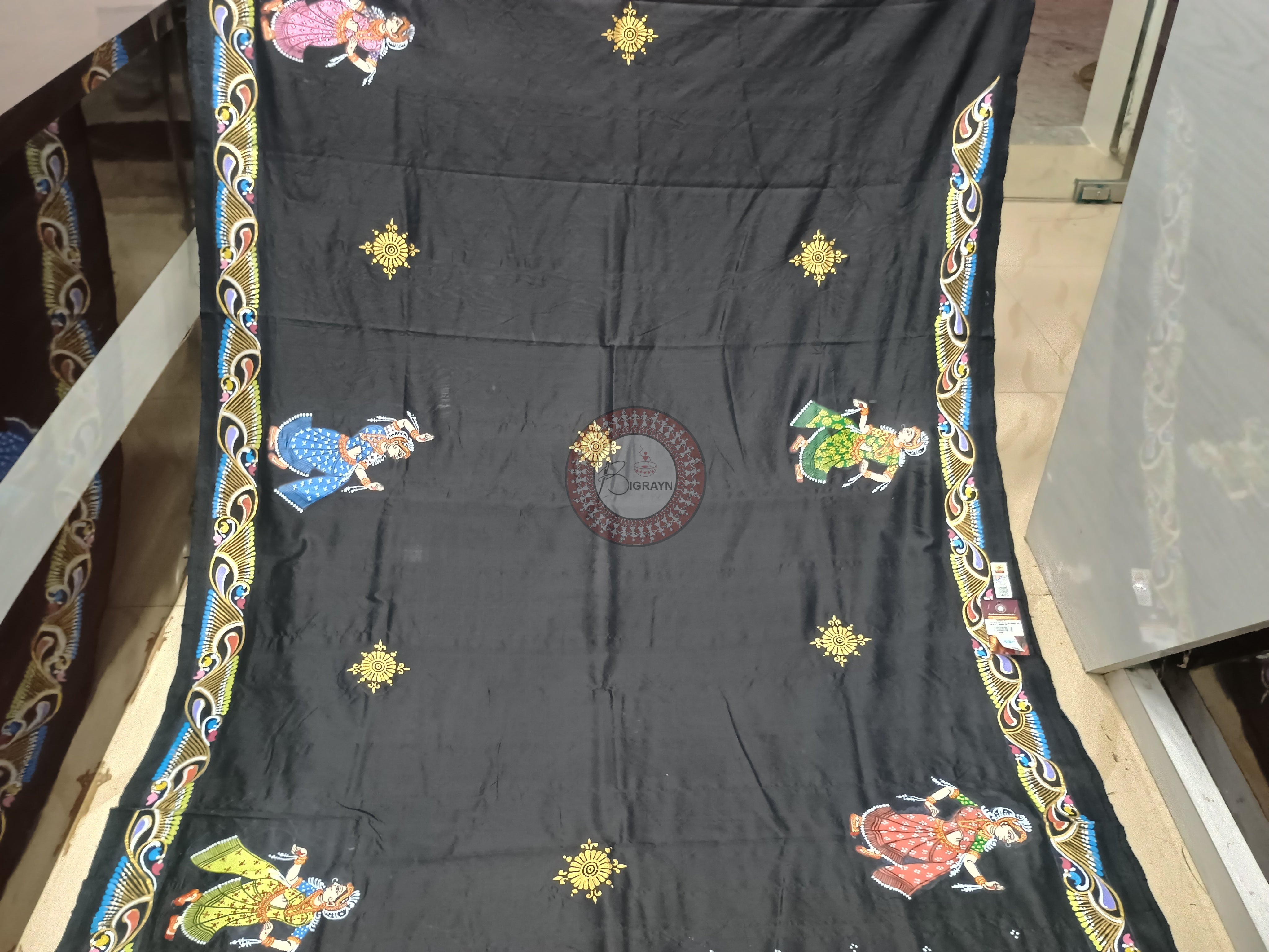 Black Krishna Balaram Theme Pattachitra Sambalpuri Silk Saree