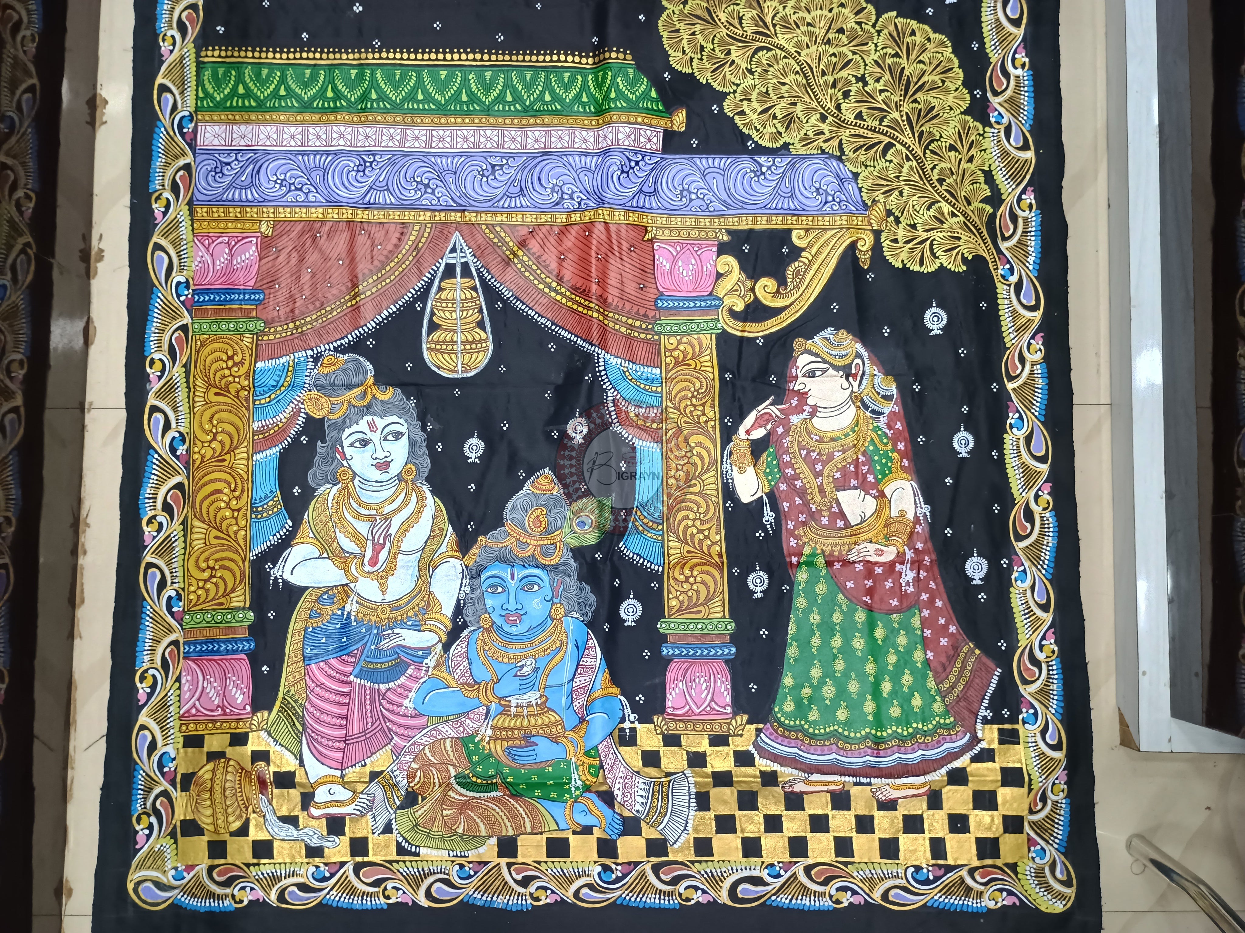 Black Krishna Balaram Theme Pattachitra Sambalpuri Silk Saree