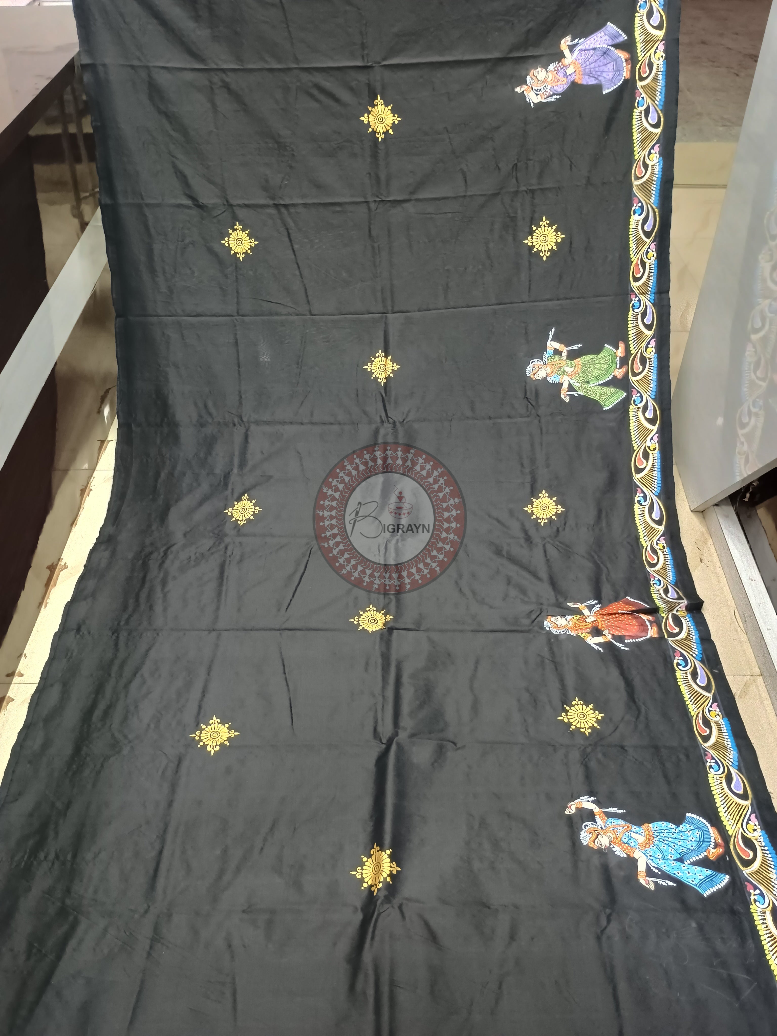 Black Krishna Balaram Theme Pattachitra Sambalpuri Silk Saree