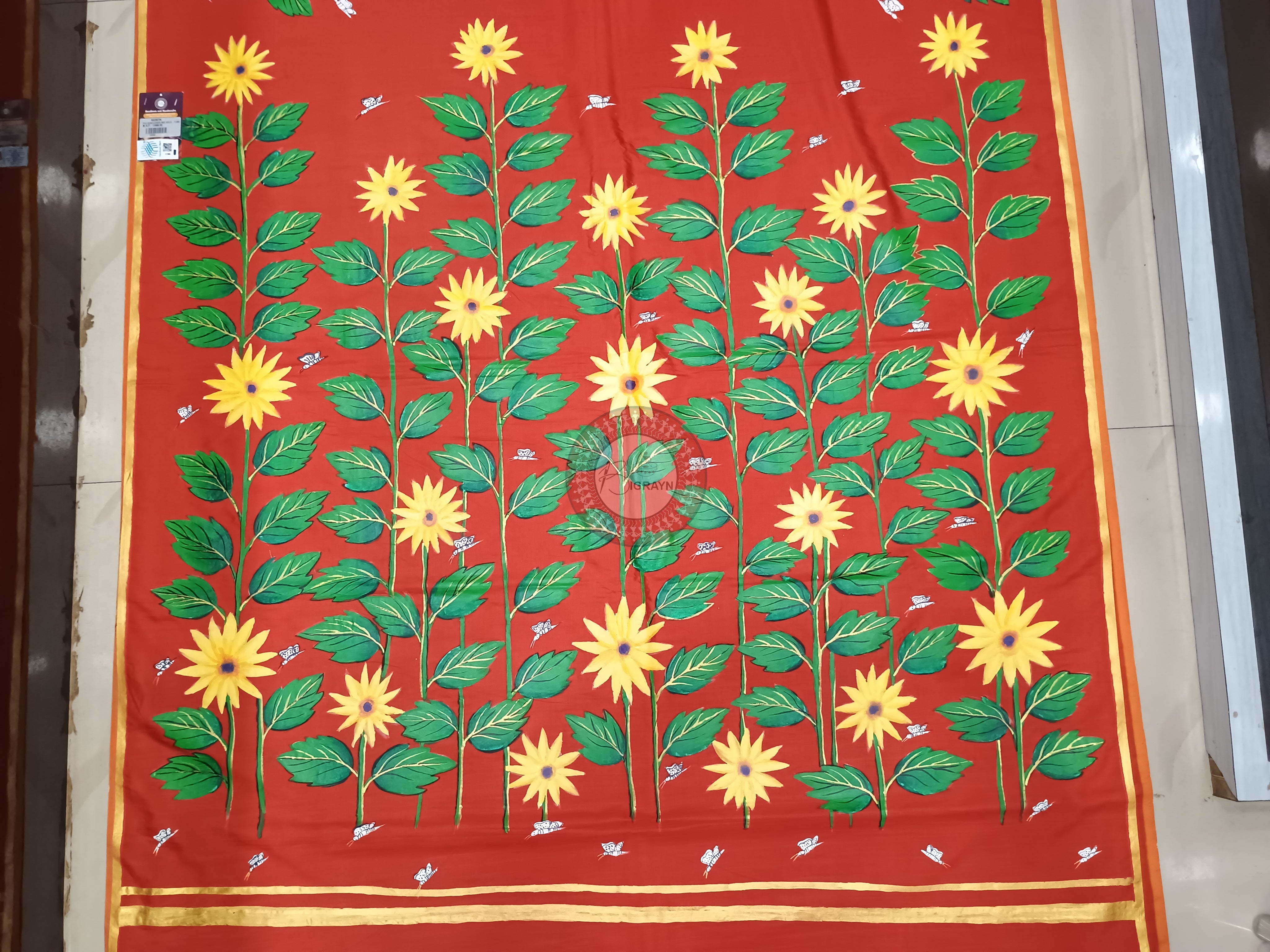 Red Sun Flower Theme Hand Painted Pattachitra Khadi Silk Saree