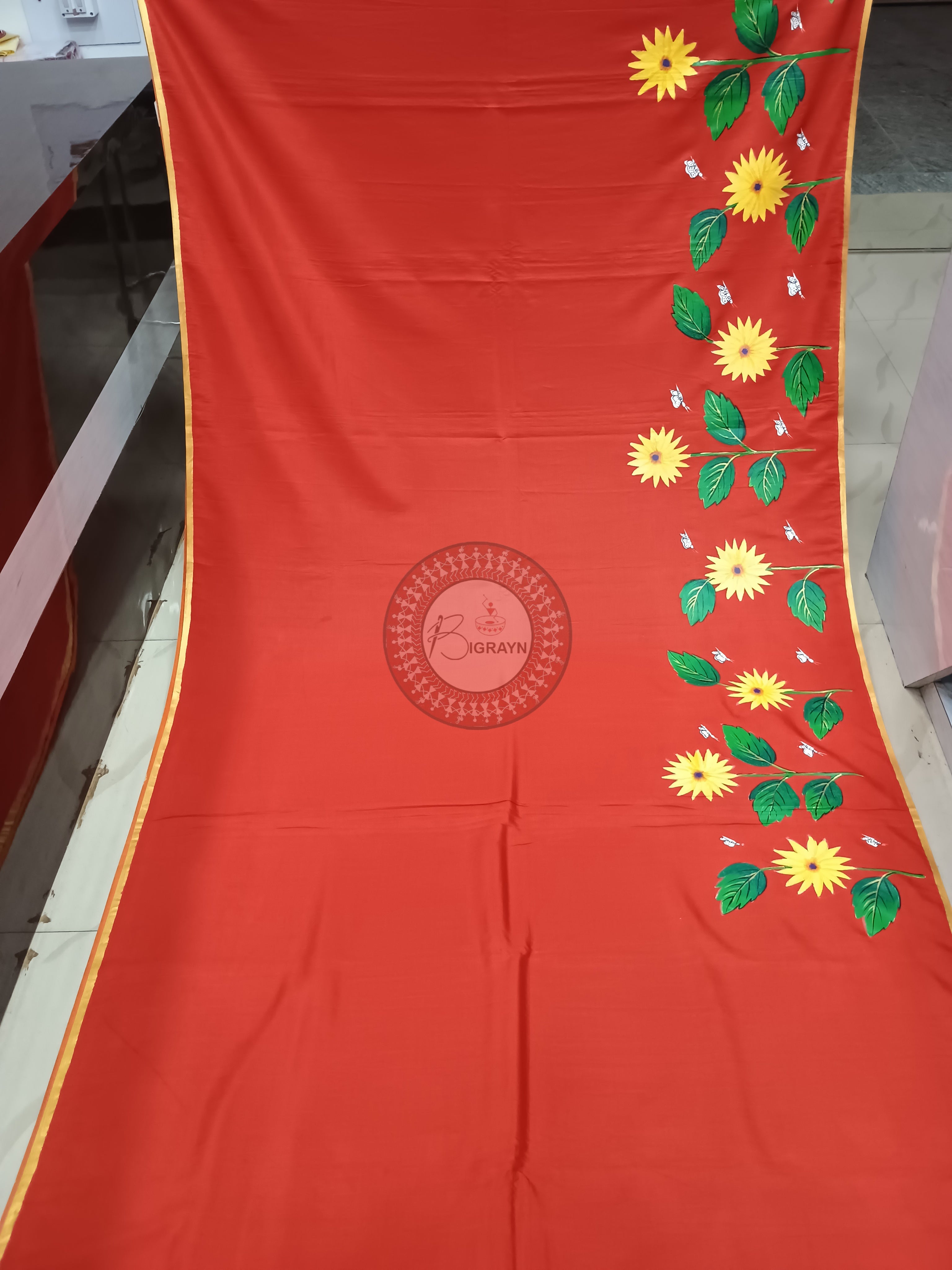 Red Sun Flower Theme Hand Painted Pattachitra Khadi Silk Saree